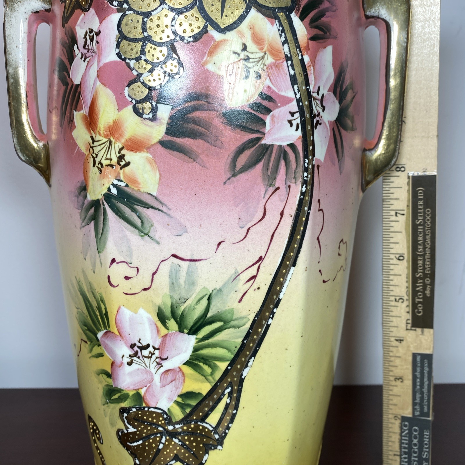 Miyako Post Nippon Floral Pink Yellow Blue Gold Grapes Handled Vase Raised Dots