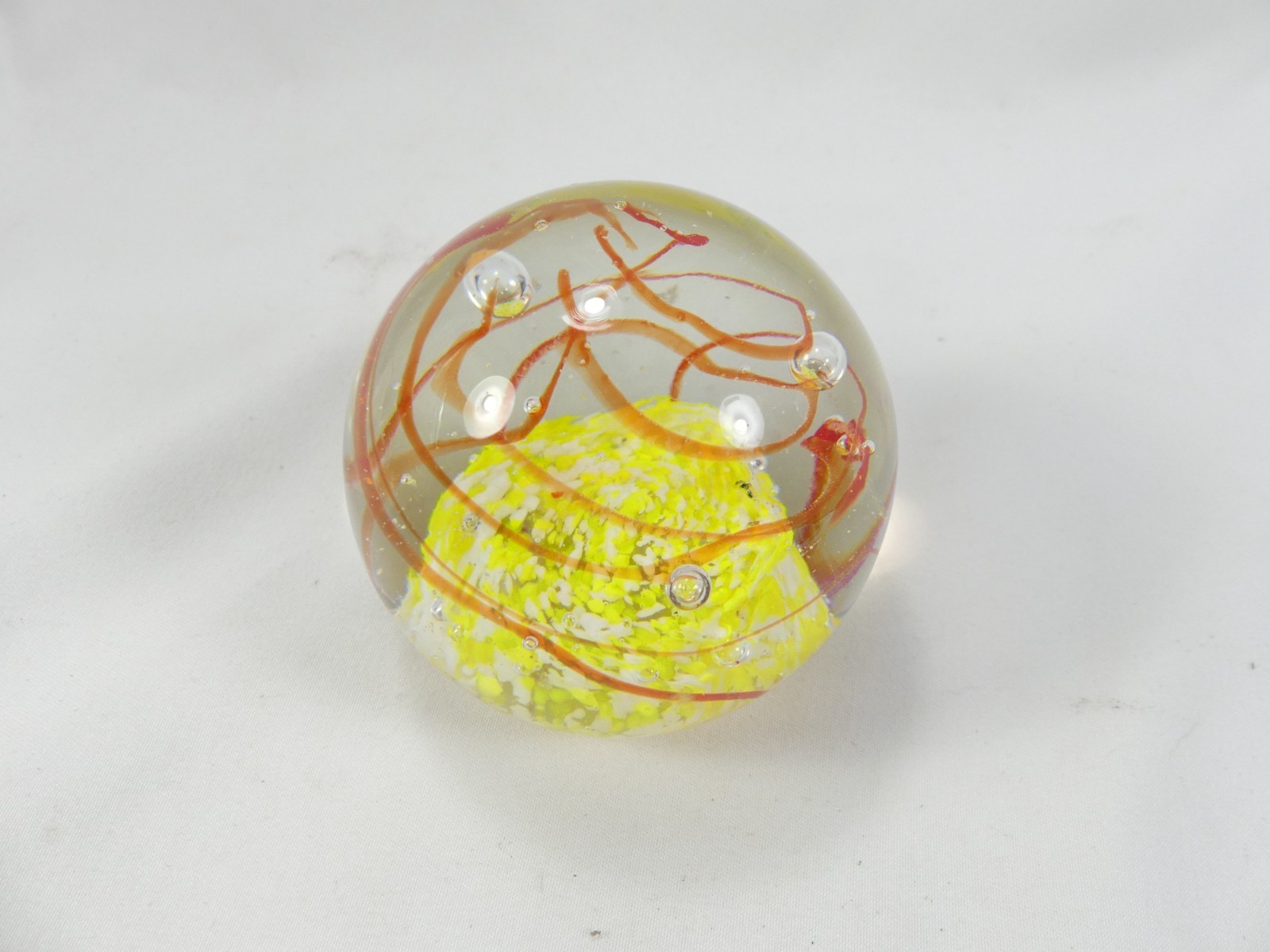 Vintage Red Swirl & Yellow Art Glass Bubble Paperweight