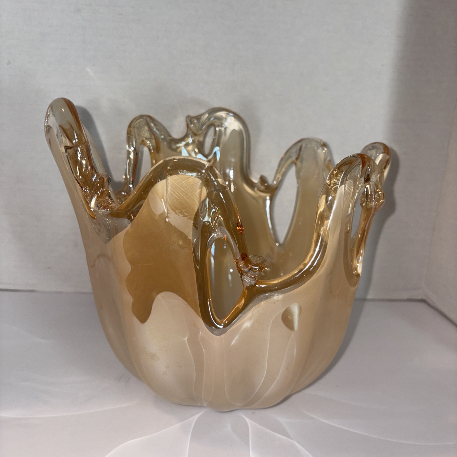 Murano “White Cristal” Peach Glass Vase Bowl Centerpiece – Hand-Blown Art Italy