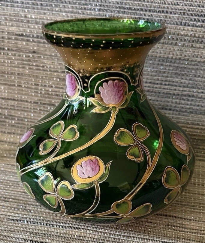 Moser Bohemian Czech Emerald Hand Painted Vase Clover Flowers Heavy Gilding