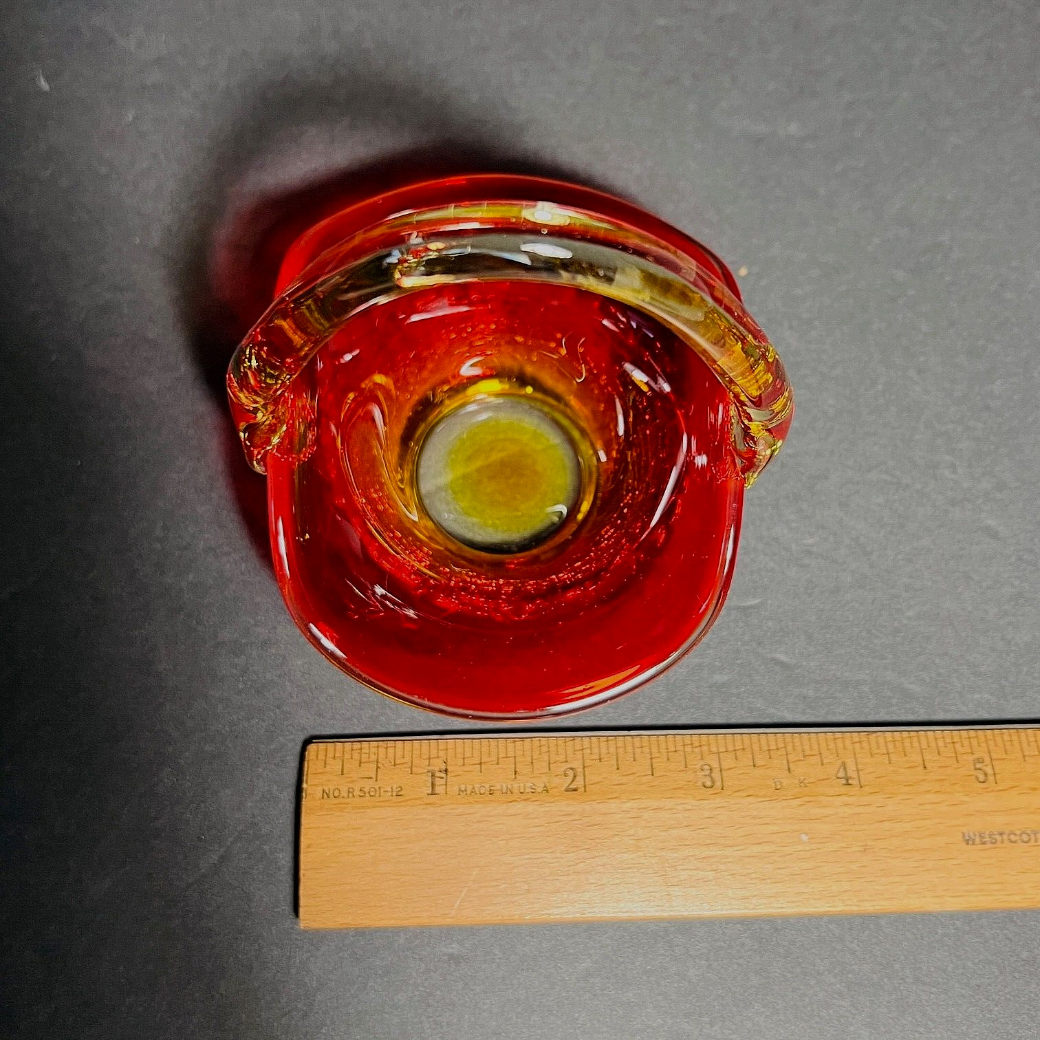 Vtg Kanawha Amberina Crackle Glass Basket 4 x 4 x 3.5″ Glows under blacklight