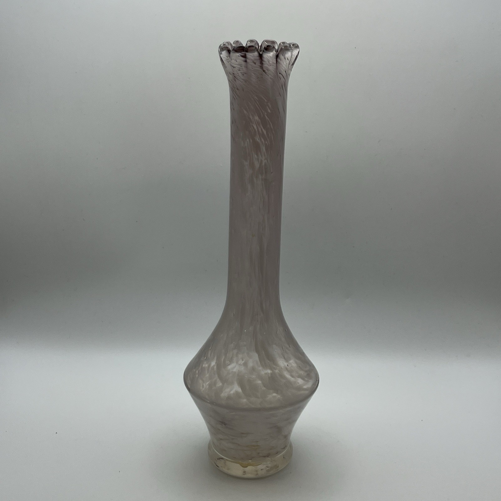 Vintage Made in Japan Art Glass Swung Vase Pink Purple Marbled Spatter 10″