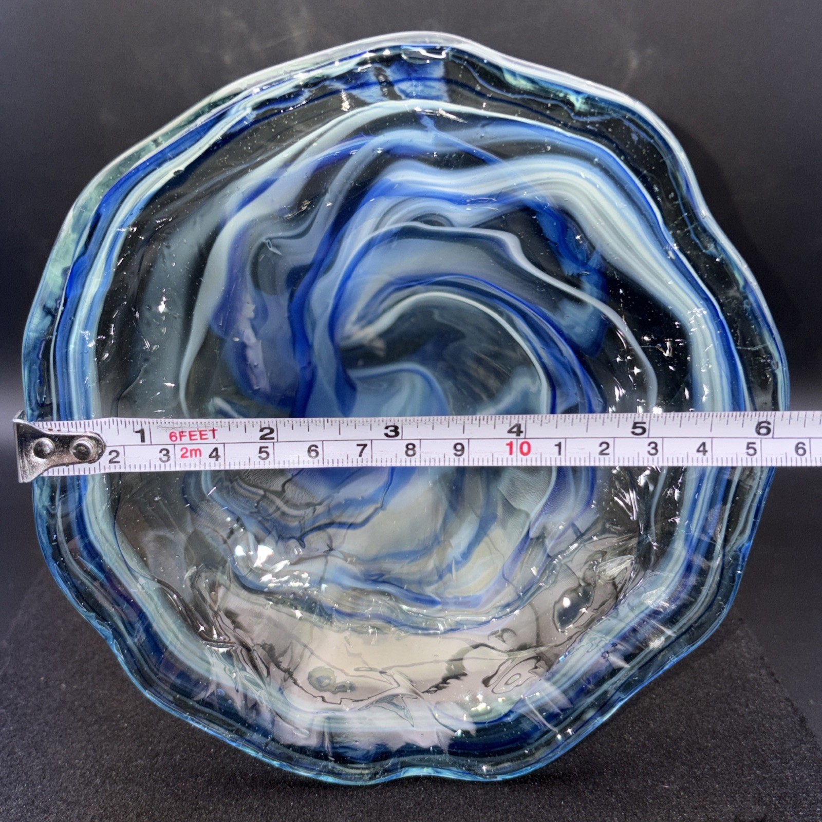 Vintage MCM Blue Swirl Art Glass Trumpet Vase 8″ Coiled Base Sooner Murano Style