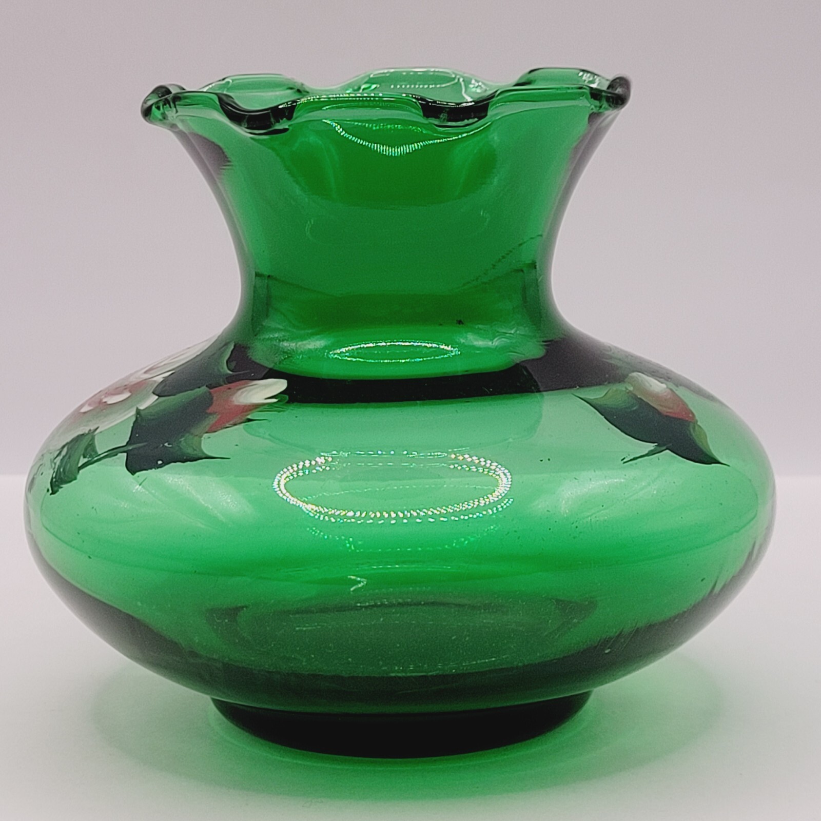 Crimp Ruffle Rim Bud Vase Hand Painted Roses Forest Green Glass Anchor Hocking