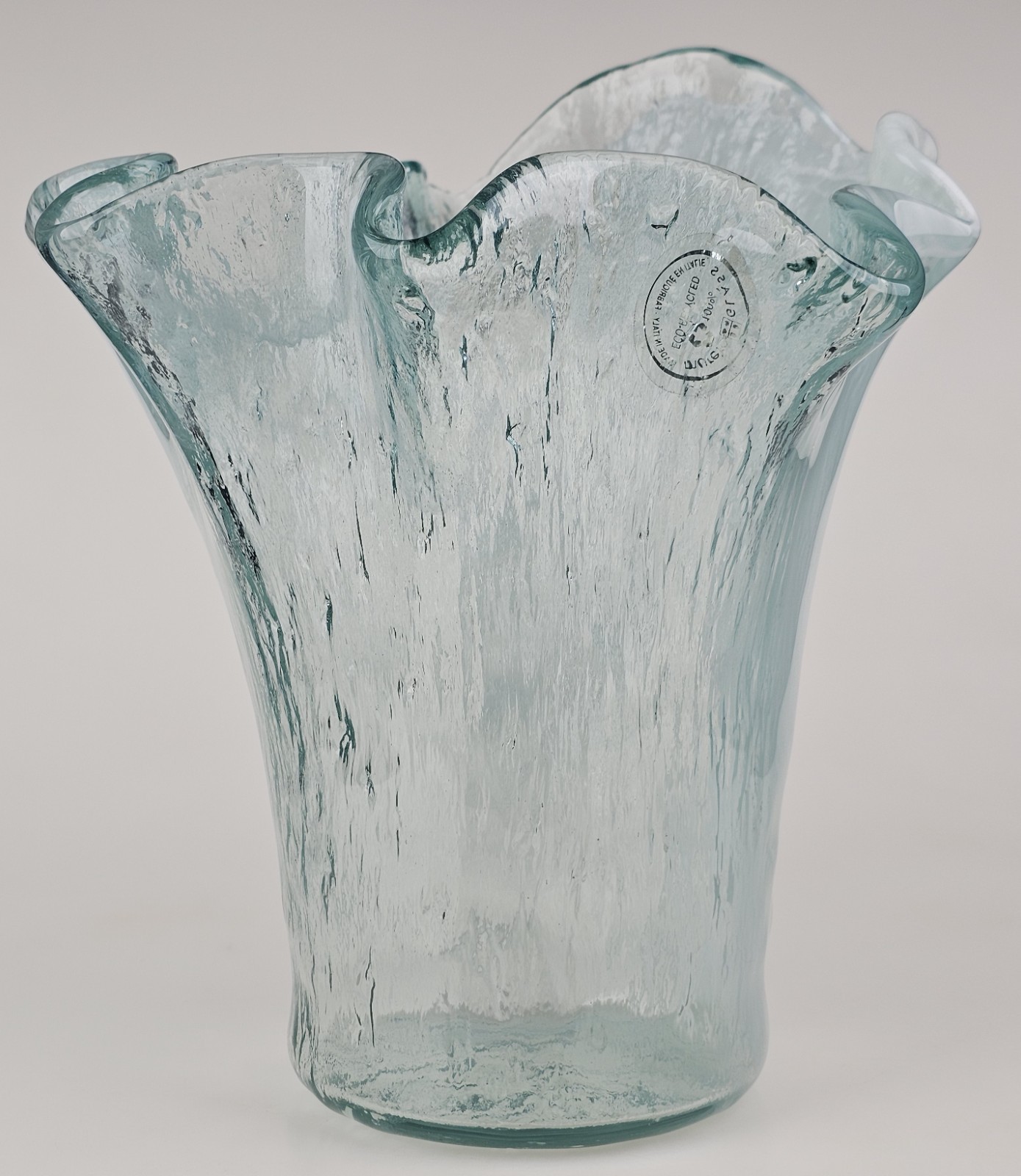 Murero Glass Aqua & White Large Handkerchief Vase or Luxury Trash Bin Italy 11″