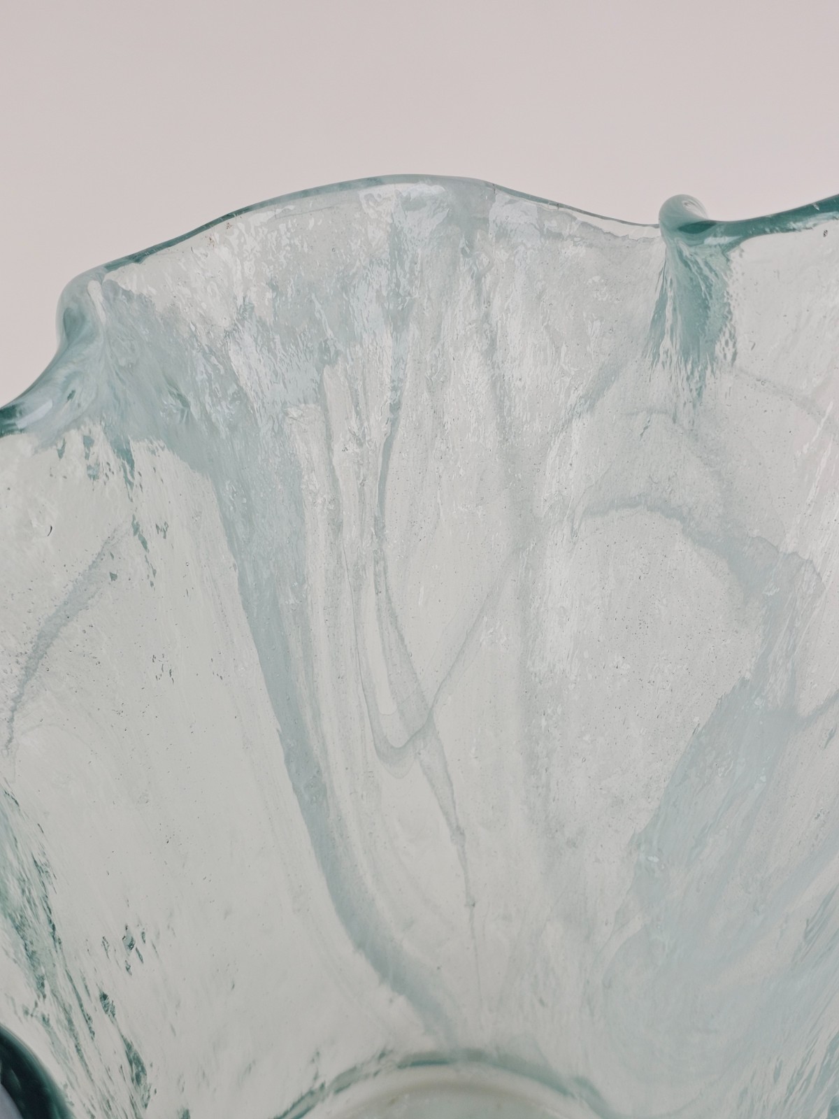 Murero Glass Aqua & White Large Handkerchief Vase or Luxury Trash Bin Italy 11″