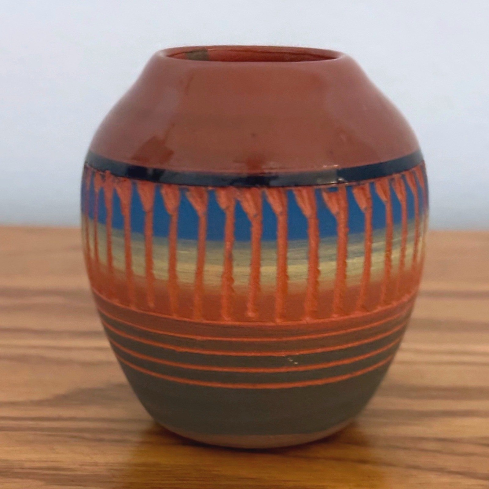 Signed Southwestern Terracotta Pottery Vase Hand Painted Blue Orange Etched