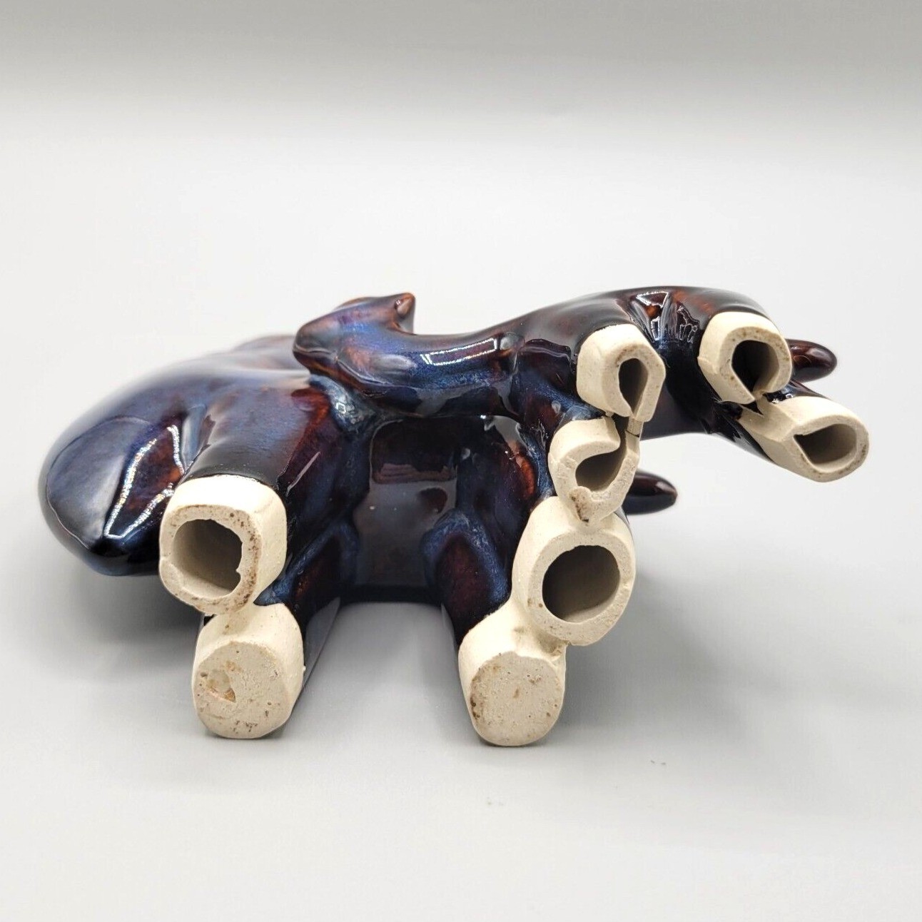 Two Hump Camels Mama and Baby Lava Drip Glaze Studio Art Pottery Blue Purple