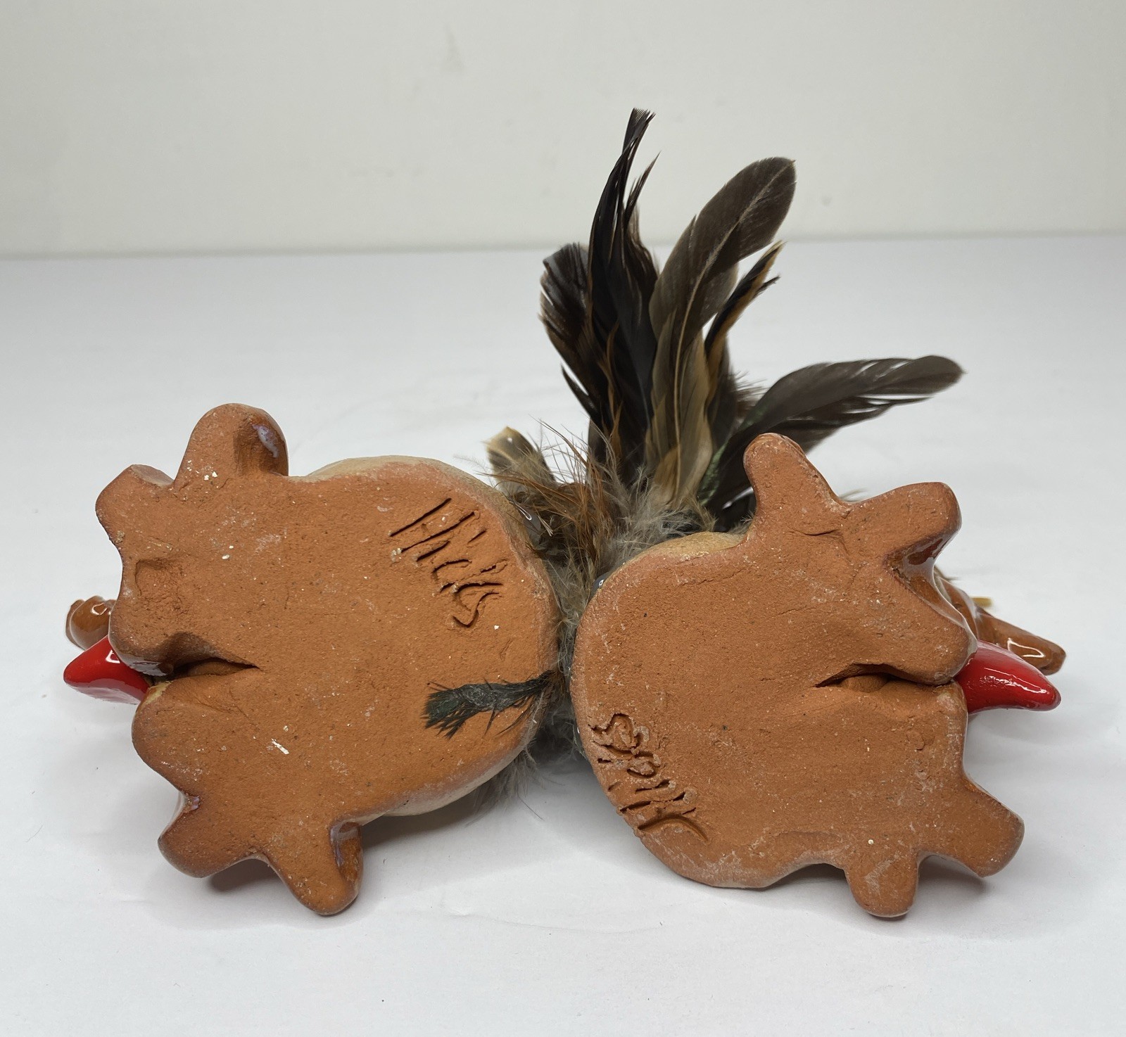 Vtg Hicks Red Clay Pottery Funny Birds w/ Feathers Candle Holders Signed