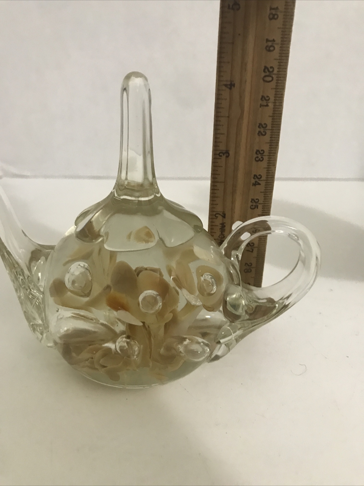 Joe St. Clair Art Glass Teapot Ring Holder Paperweight Flowers Bubbles Signed