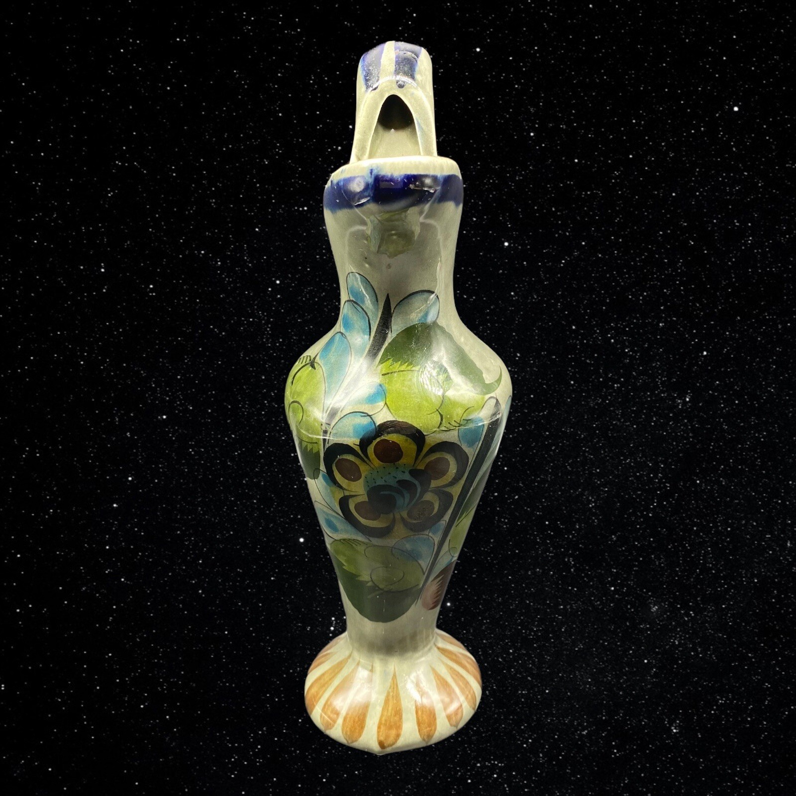 Mexican Folk Art Pottery Tonala Hand Painted Floral Pitcher Vase 11”T 5.5”W