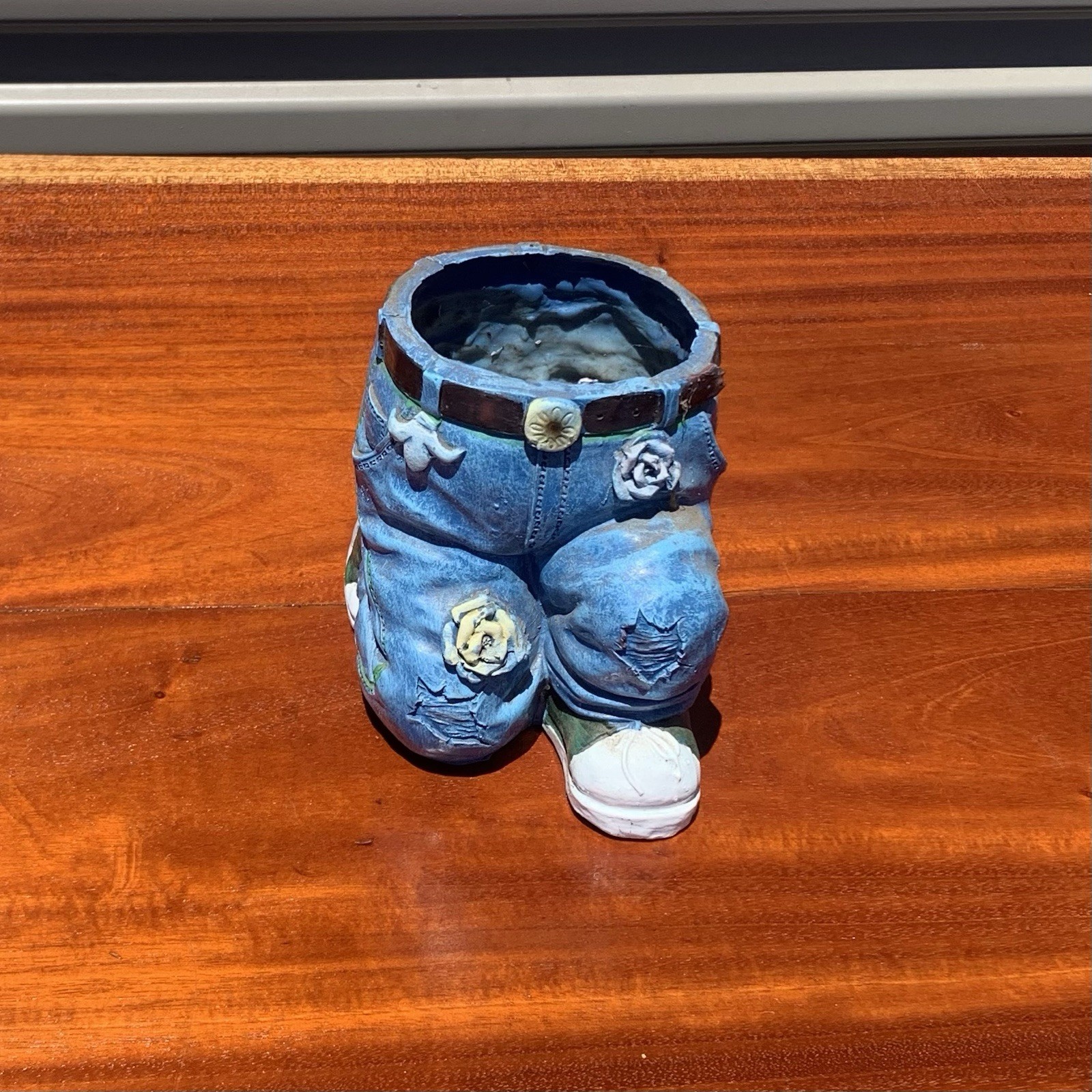 Blue & White Figural Ceramic Pants Planter Pot Novelty Denim Shorts Style