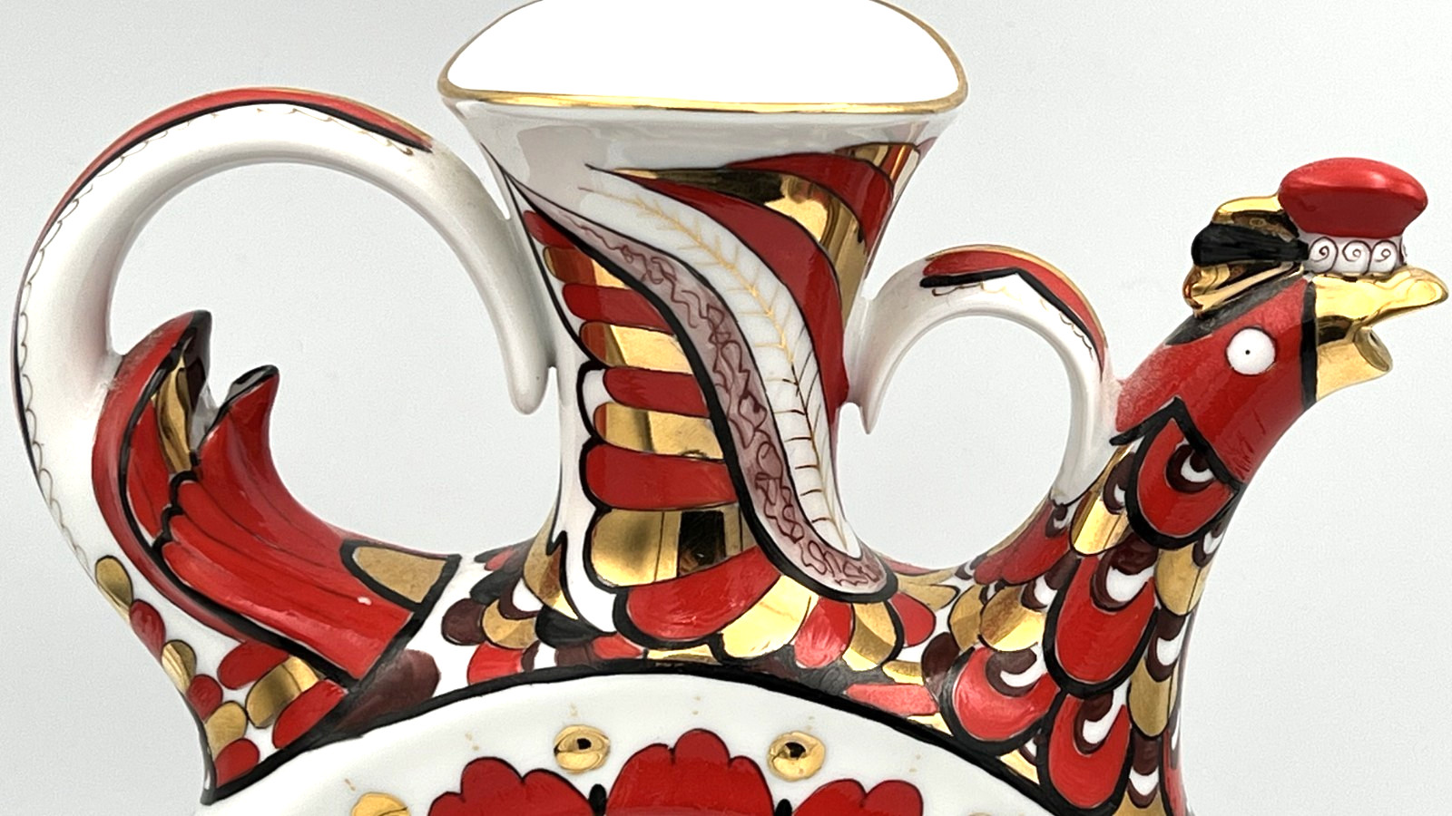 Imperial Lomonosov Russian Porcelain Rooster Kvasnik Jug Red Rooster 22K Gold