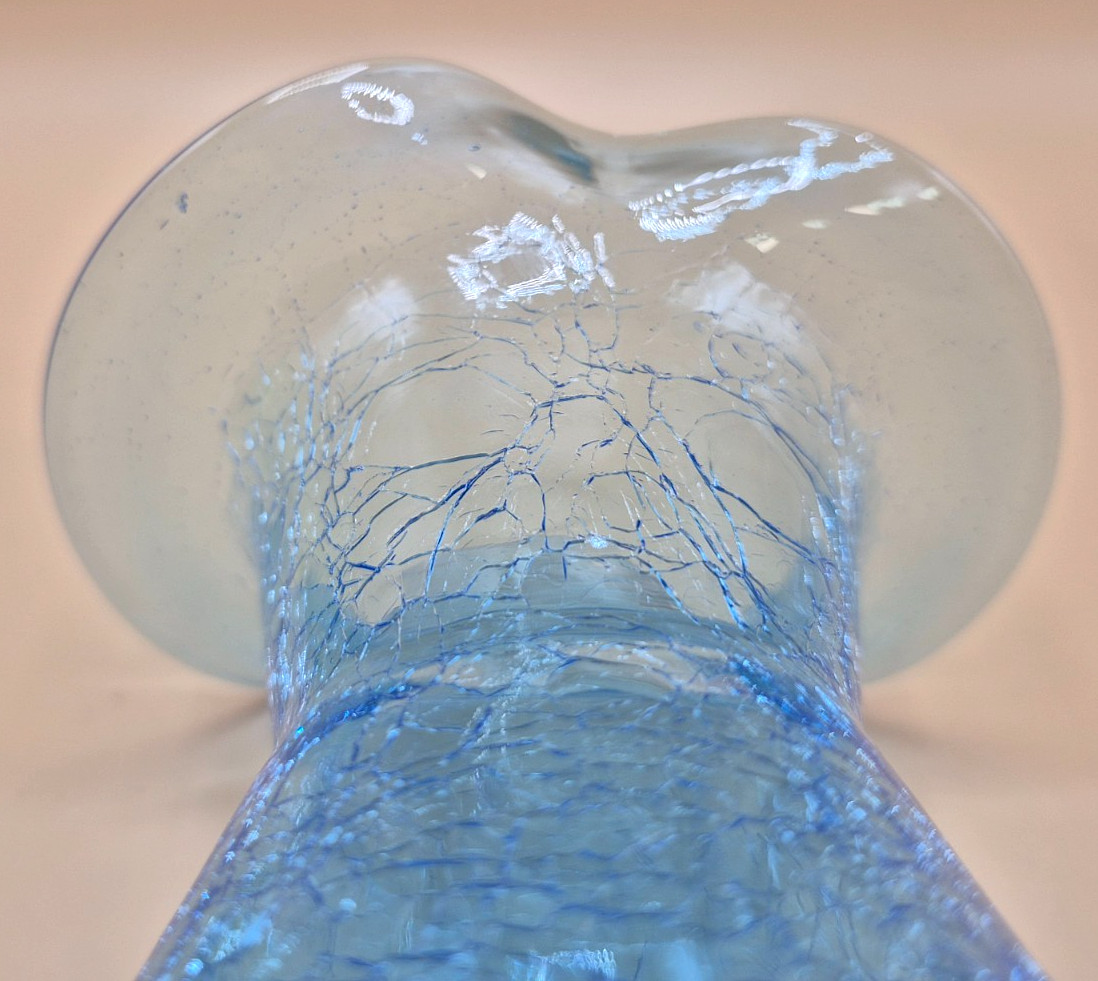 Vintage Rainbow Glass Crackle Top Hat Vases Set of 2 Green & Blue Ruffle Rim