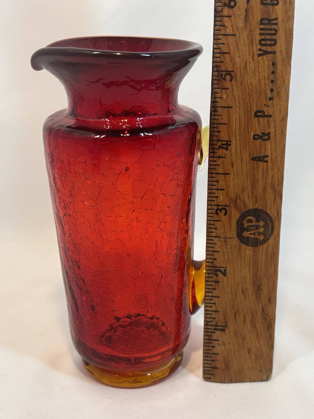 Vtg Red Yellow Amberina Crackle Glass 5.5” Pitcher Mid Century Glass