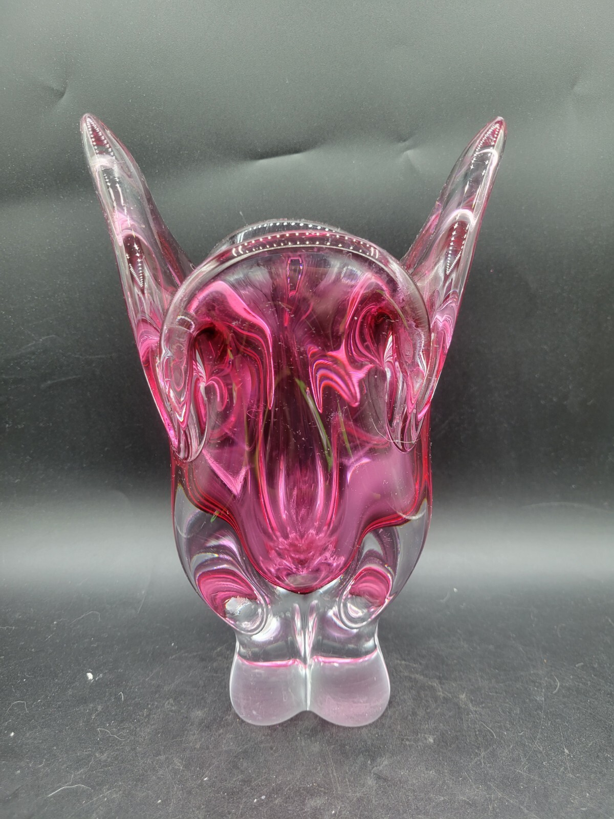 Vintage Josef Hospodka Fuschia Pink Sommerso Cat Ears Czech Art Glass Vase 8”