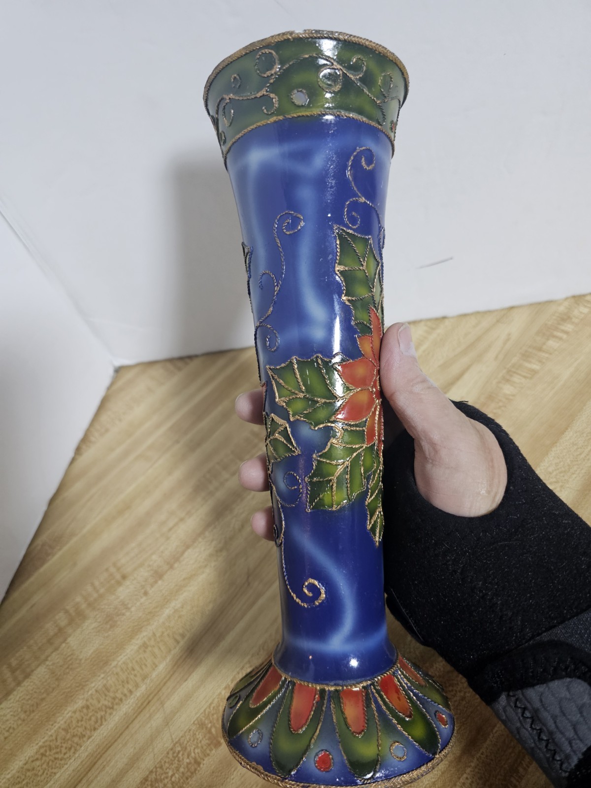 Margie’s Garden Cobalt Blue Ceramic Vase Hand Painted Poinsettia Enamel Gold