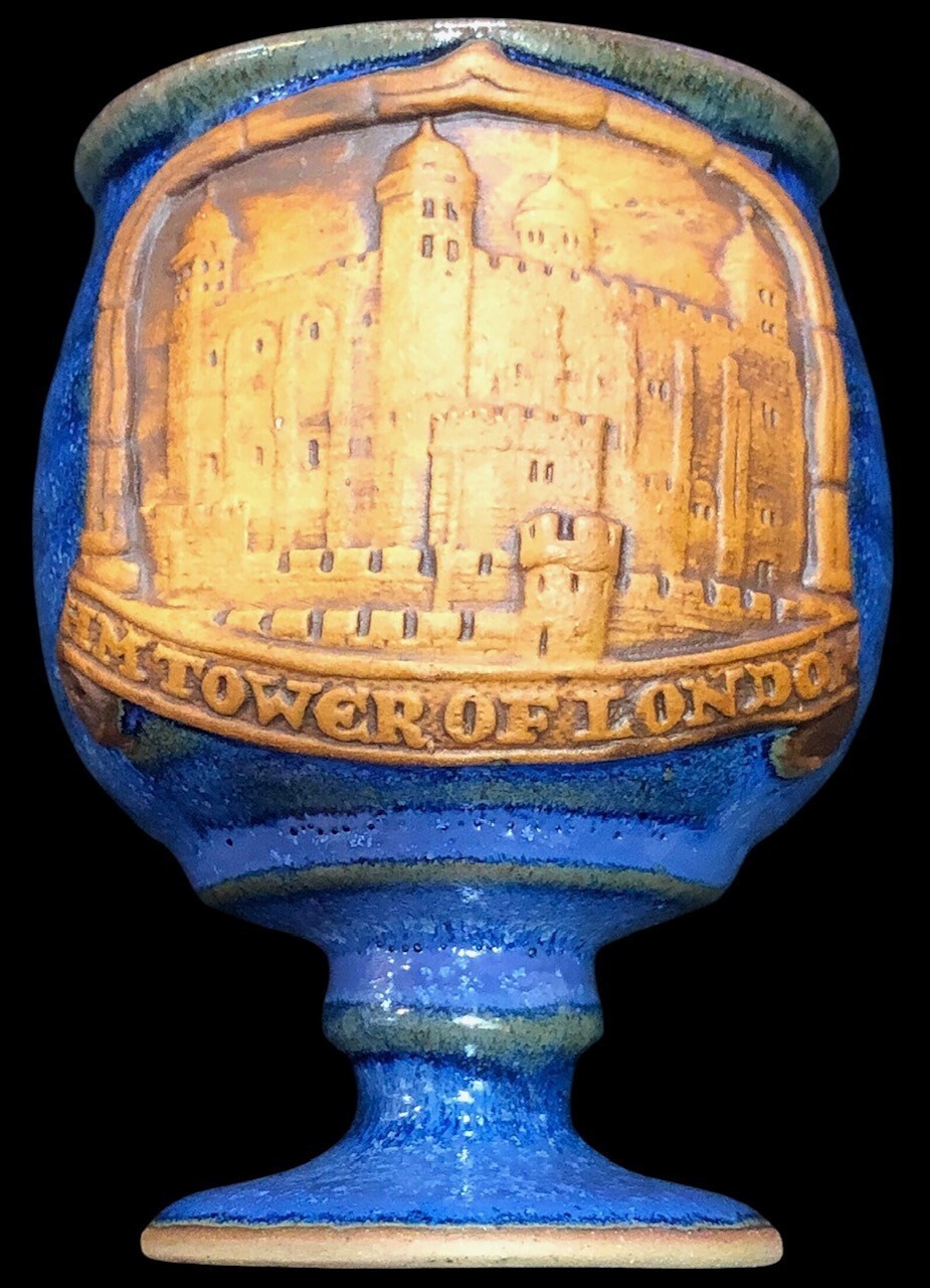 HM Tower of London Pottery Blue Glazed Goblet footed Cup Souvenir vintage