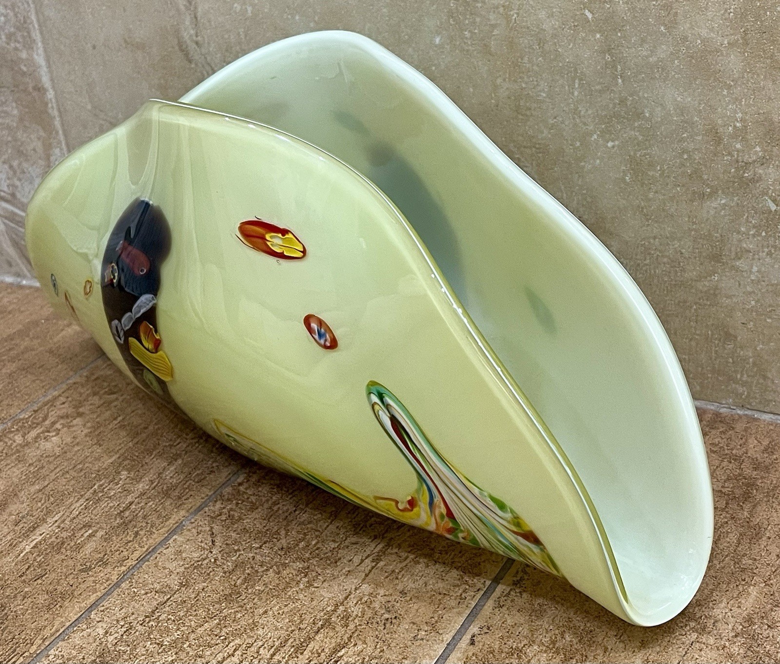 Vintage MCM Hand-Blown Murano Millefiori Sommerso Art Glass Fan BowlCenterpiece