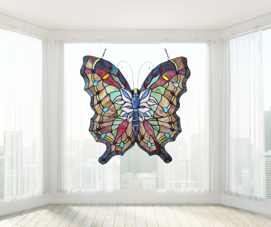 Tiffany Style Stained Glass Butterfly Window Panel Suncatcher 22″ Handcrafted