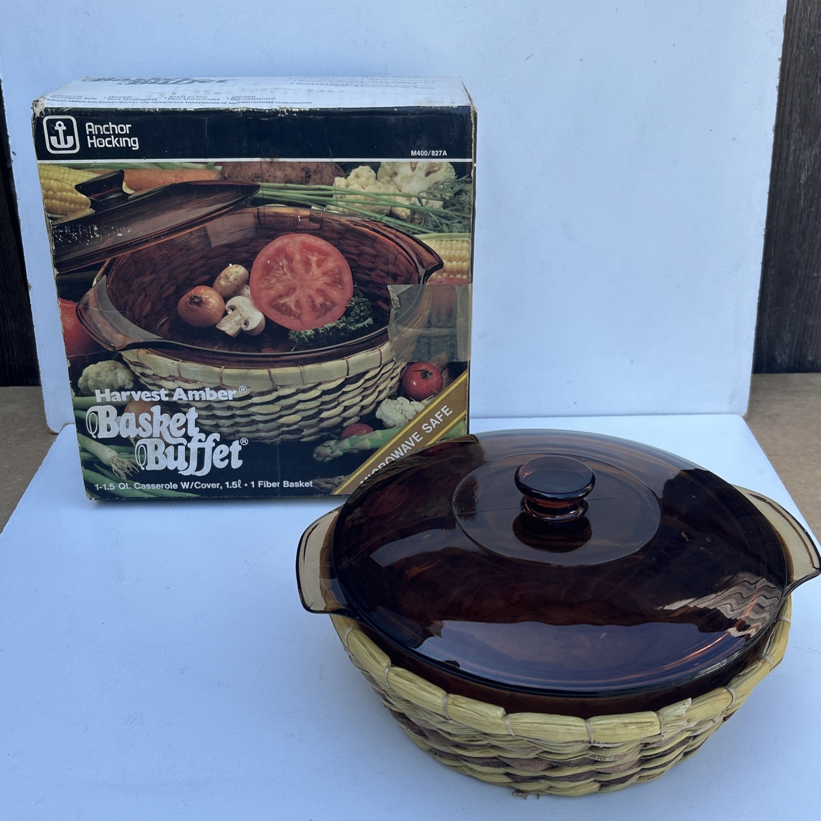 1.5 Qt Anchor Hocking Harvest Amber Basket Buffet Casserole w/Lid, Box