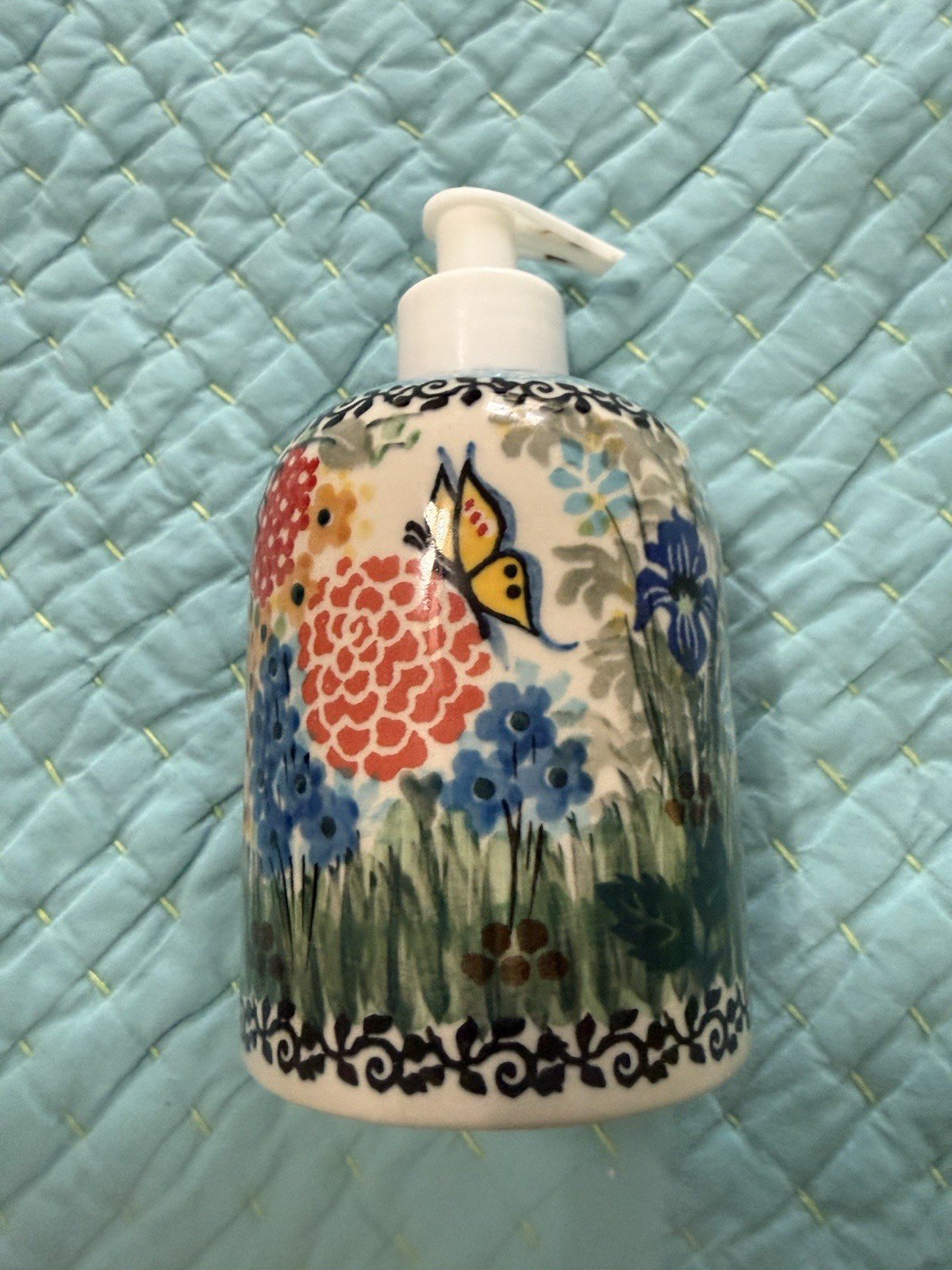 Unikat Polish Pottery Hand Painted Liquid Soap Dispenser Butterflies. Signed.