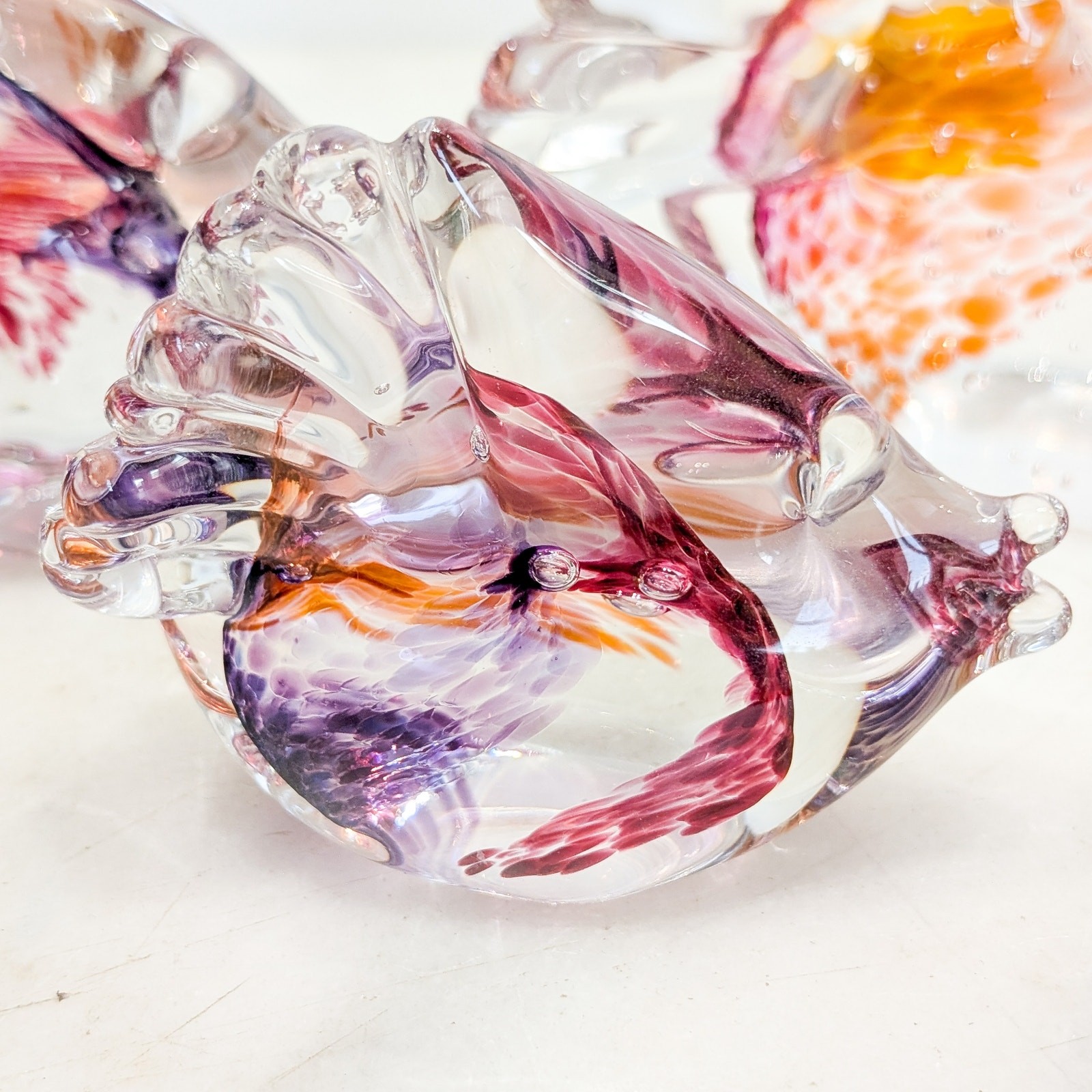 Three vintage art glass fish, signed Y2K paperweights sculptures