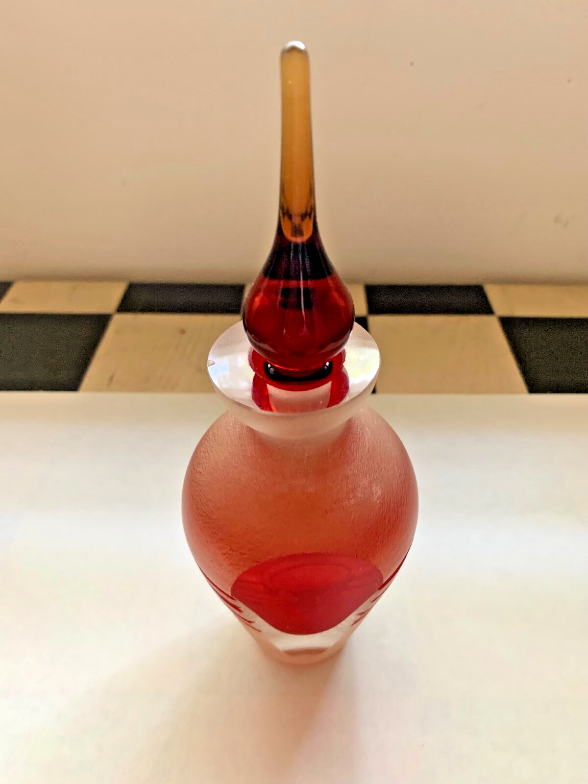 Red Art Glass Perfume Bottle With Stopper 6.75 Inches