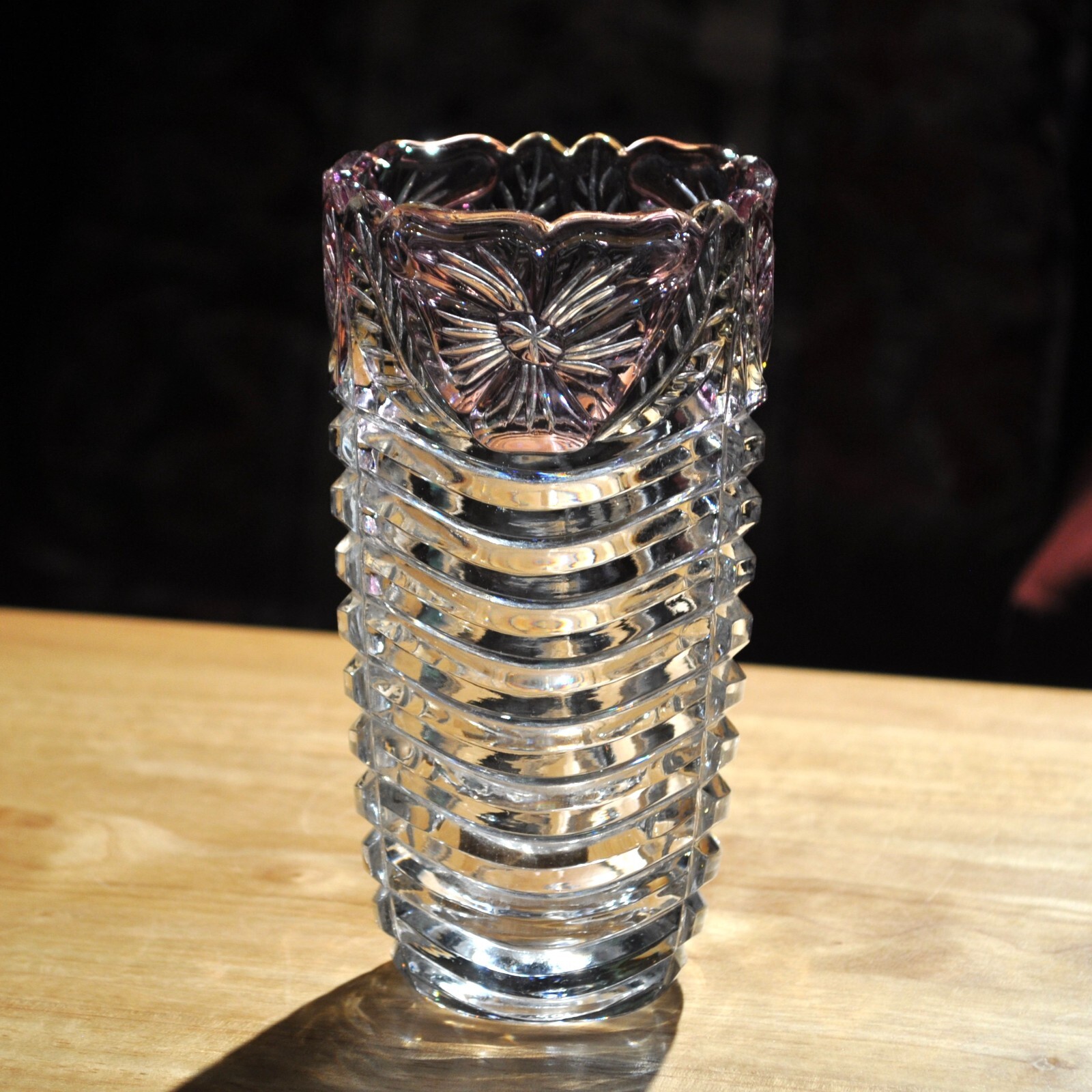 Purple Flowers Vase Anna Hutte Bleikristall 24% Lead Crystal Iridescent Ribbed