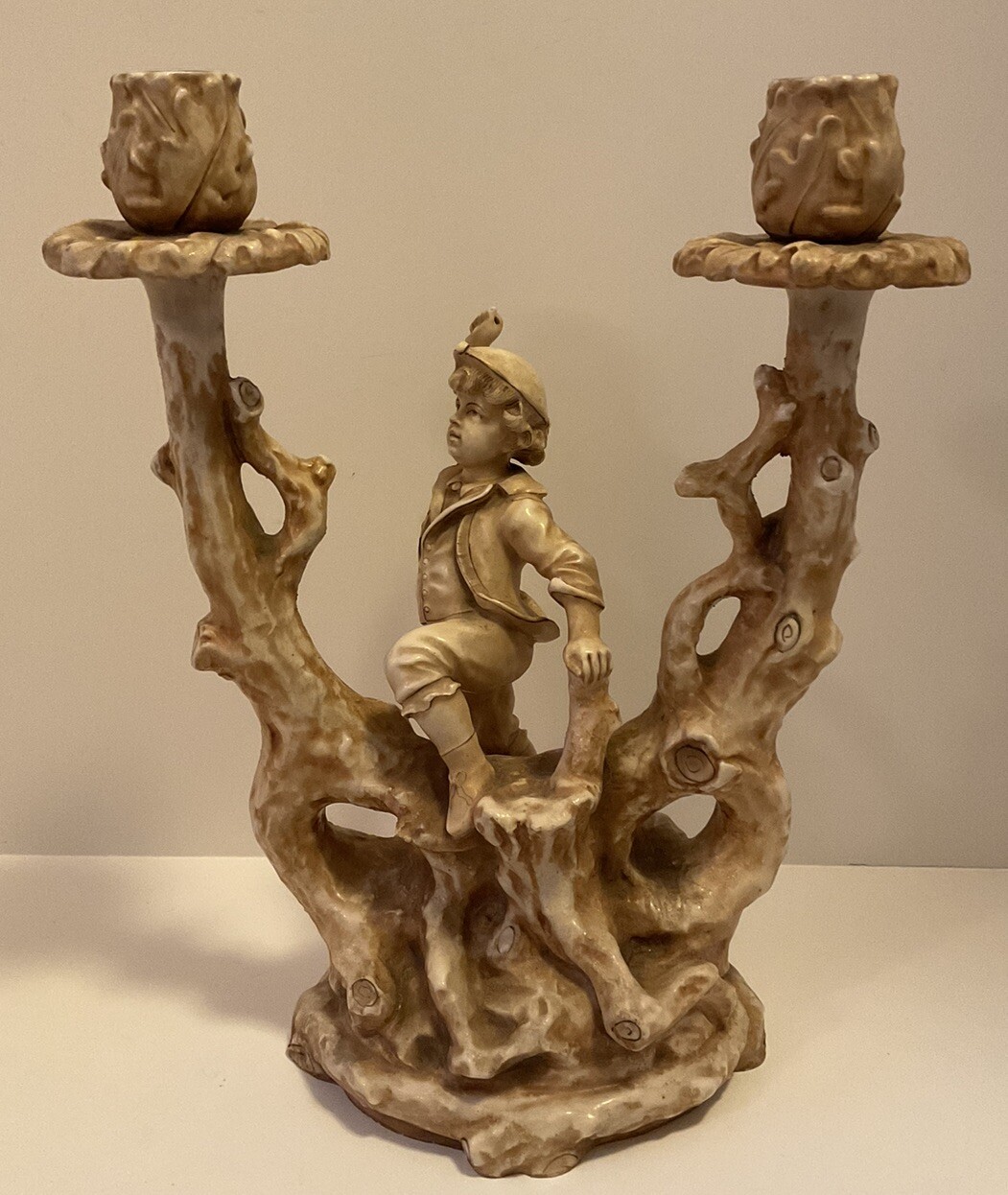 ANTIQUE ROYAL WORCESTER FIGURAL CANDLE HOLDER DOUBLE CANDELABRA BOY FIGURE RARE