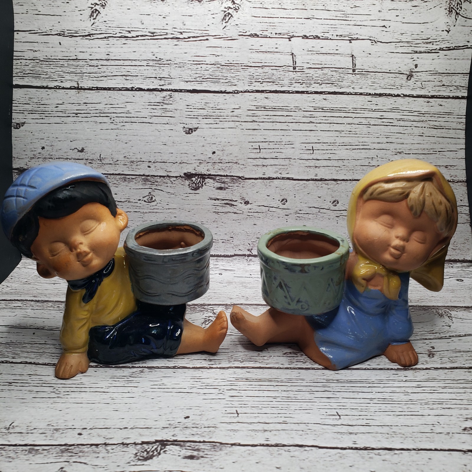 4.5″ Tall Vintage Boy & Girl Planters/Trinket Holders Terracotta Made in Japan