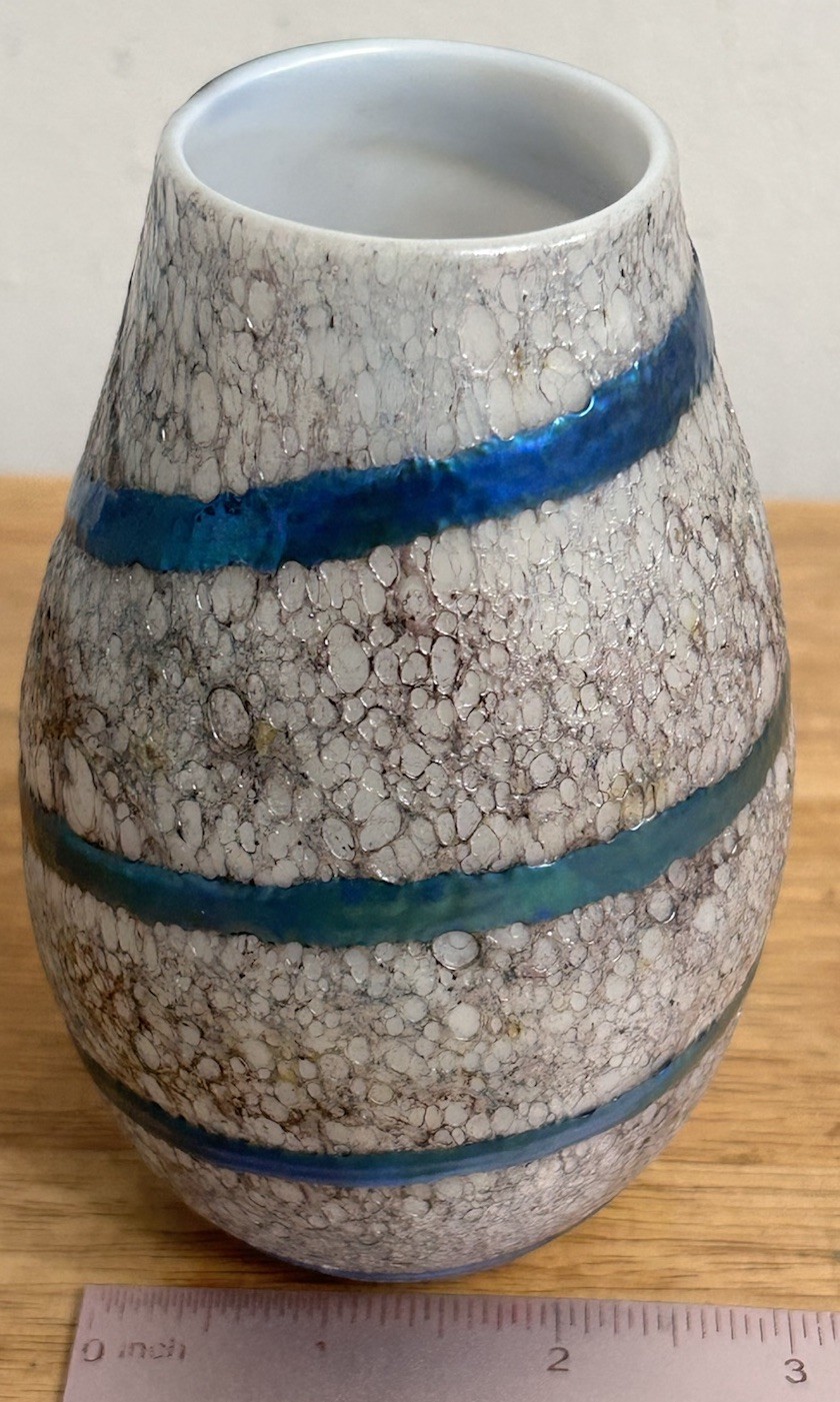 Rare 1977 Charles Lotton Blue Iridescent Molten Lava Cypriot Art Glass Vase Sign