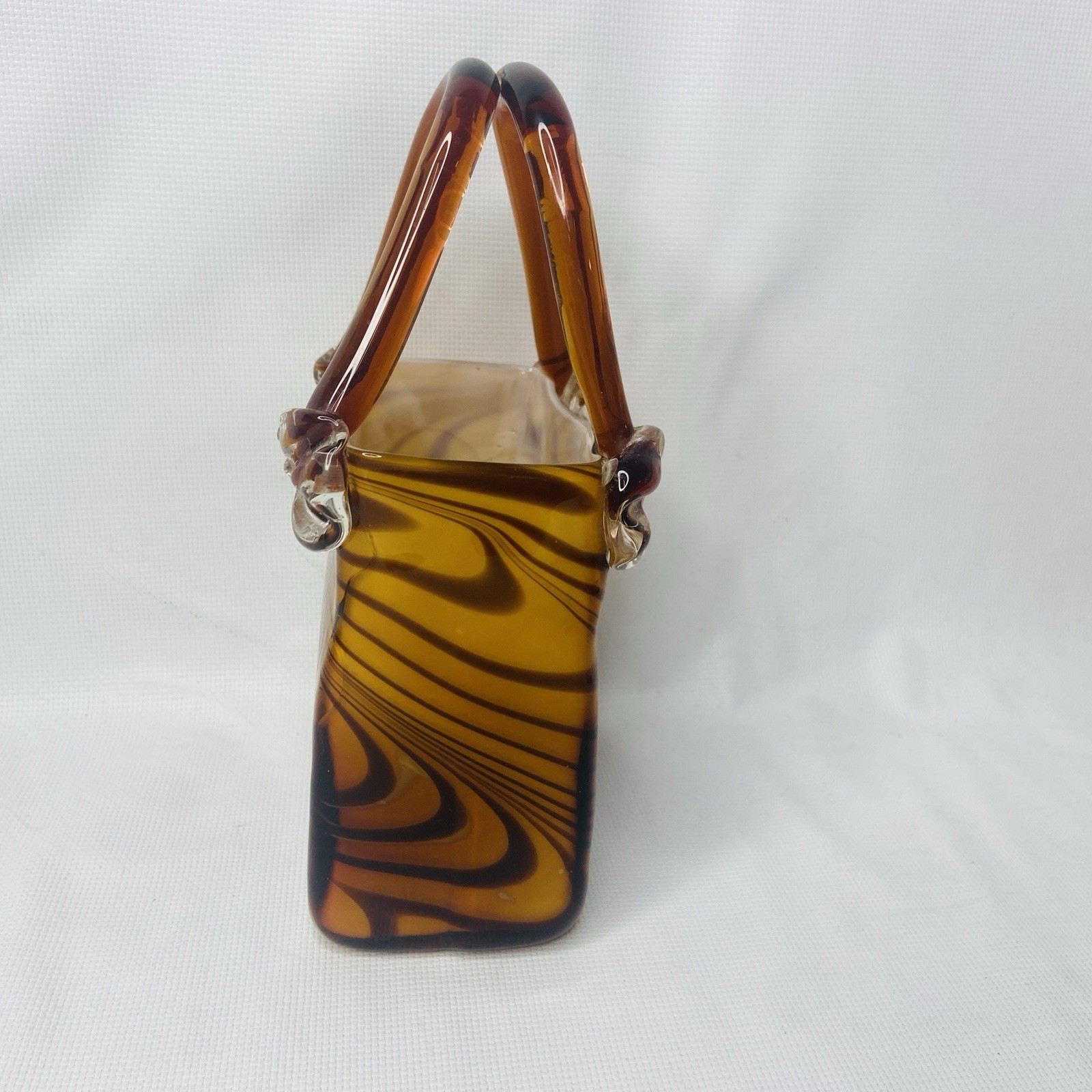 Vintage Murano Style Amber Brown Safari Tiger Strip Art Glass Decor Vase Purse