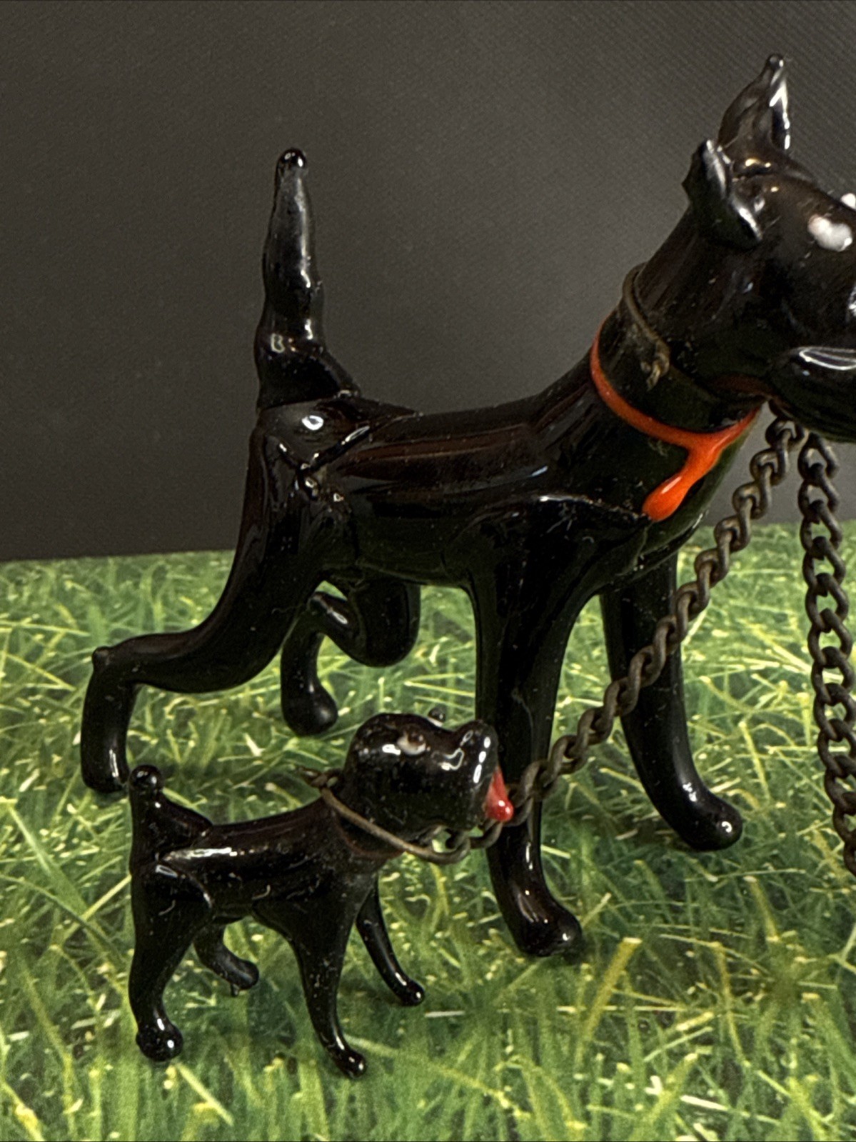 Occupied Japan HandBlown Glass Black Dog Family Of 3 Chains Puppies