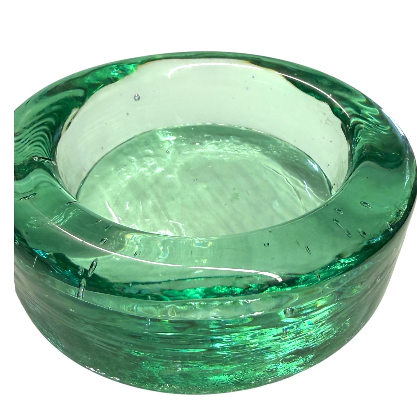 Unbranded Art Glass Trinket Dish Candle Holder Green Controlled Bubble MCM