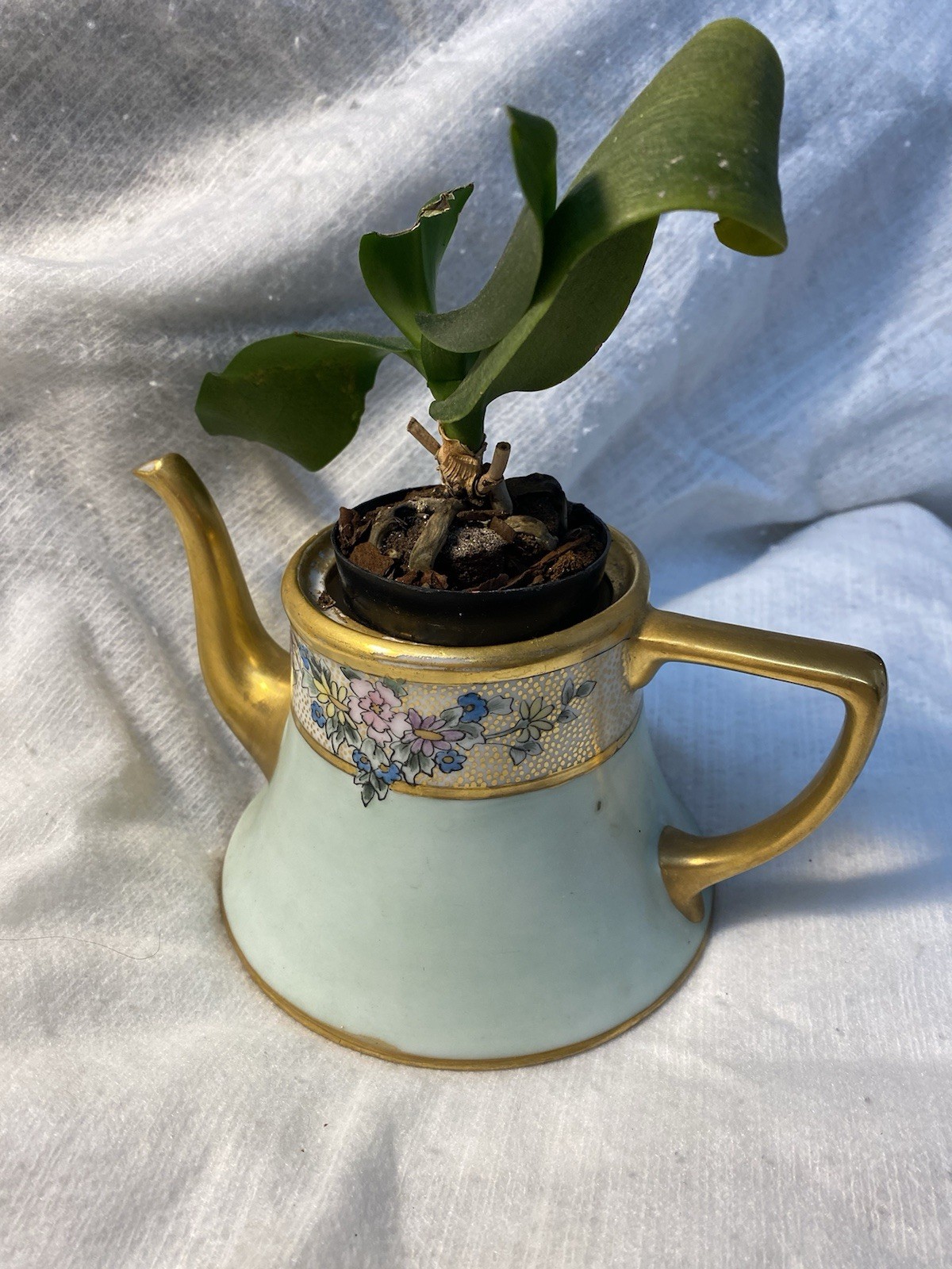 Neo Deco Teapot Vintage Hand Painted Mint Gold Floral Bavarian Porcelain No Lid