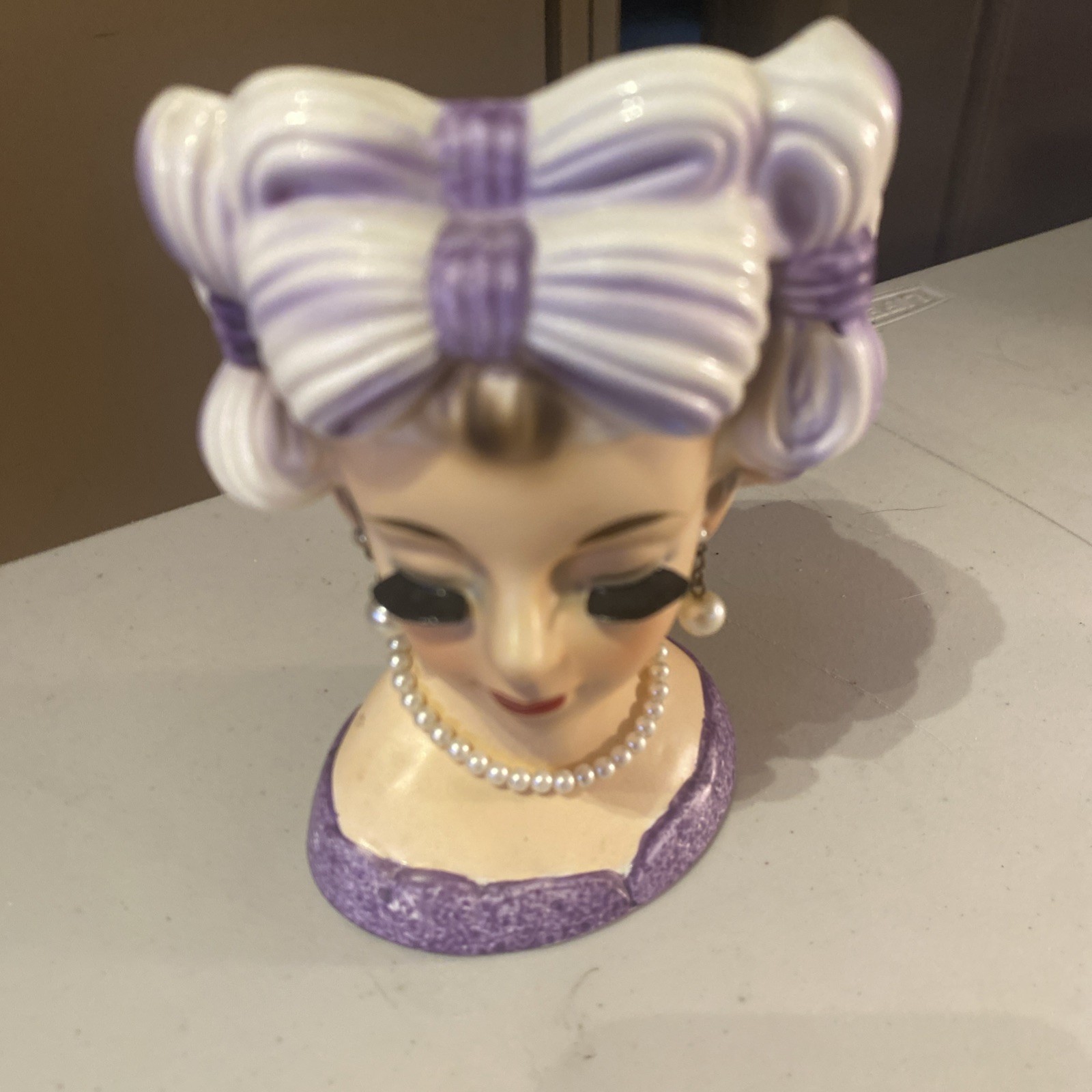 Relpo 5 3/4 Inch Lady With Purple Bows Lady Head Vase-k1660