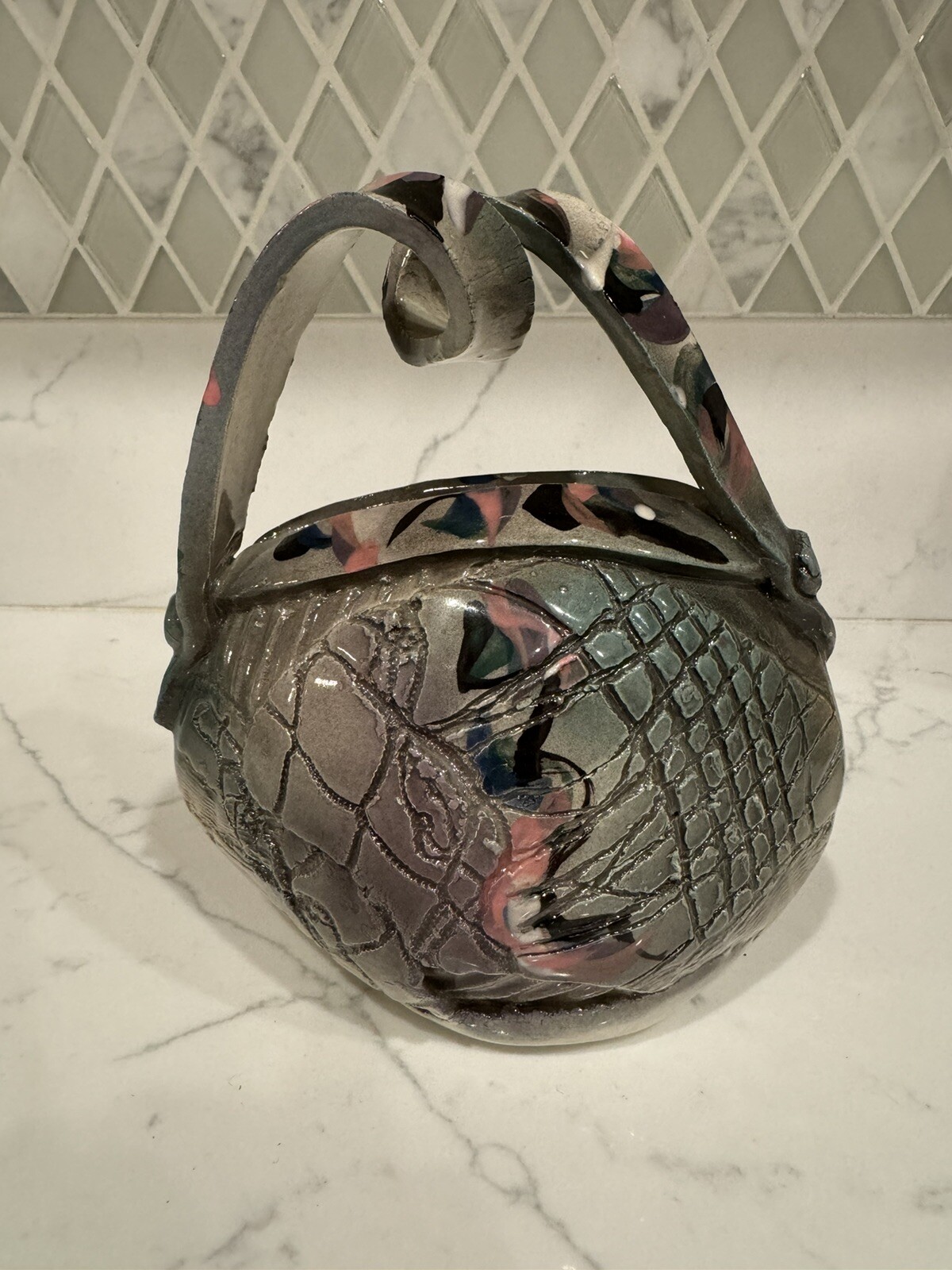 Brutalist Patchwork Abstract Art Pottery Vase Purse Shape One Of A Kind Piece