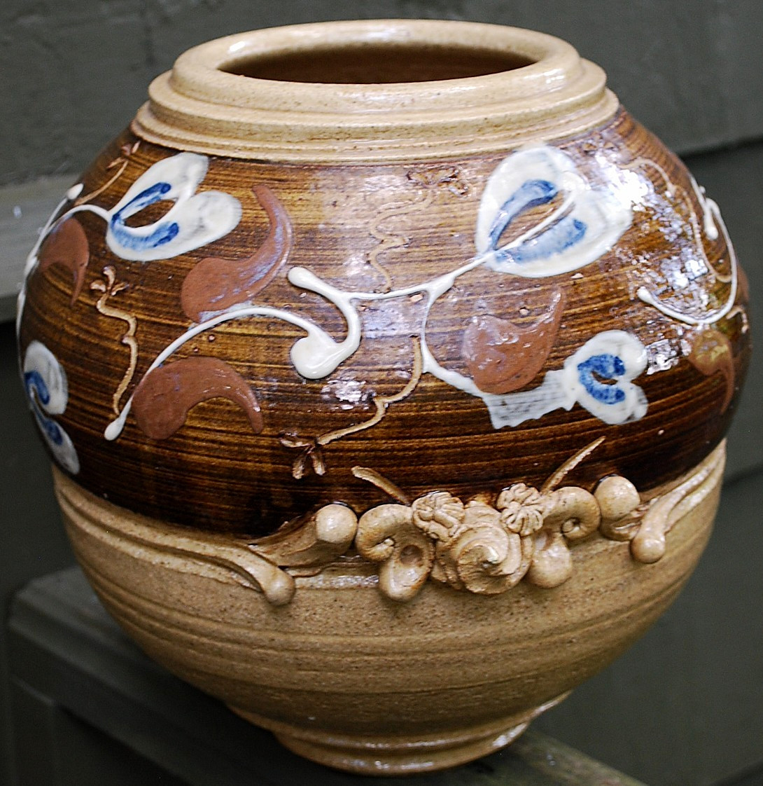 Vtg STUDIO ART POTTERY Wheel Thrown FOLK ART FLOWERS Stoneware Pot/Vase SIGNED