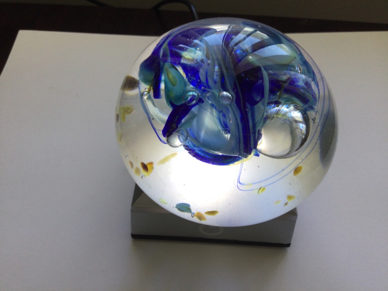 Vintage Hand-Blown Art Glass Paperweight 3.25″ Blue Swirl 1988 Signed