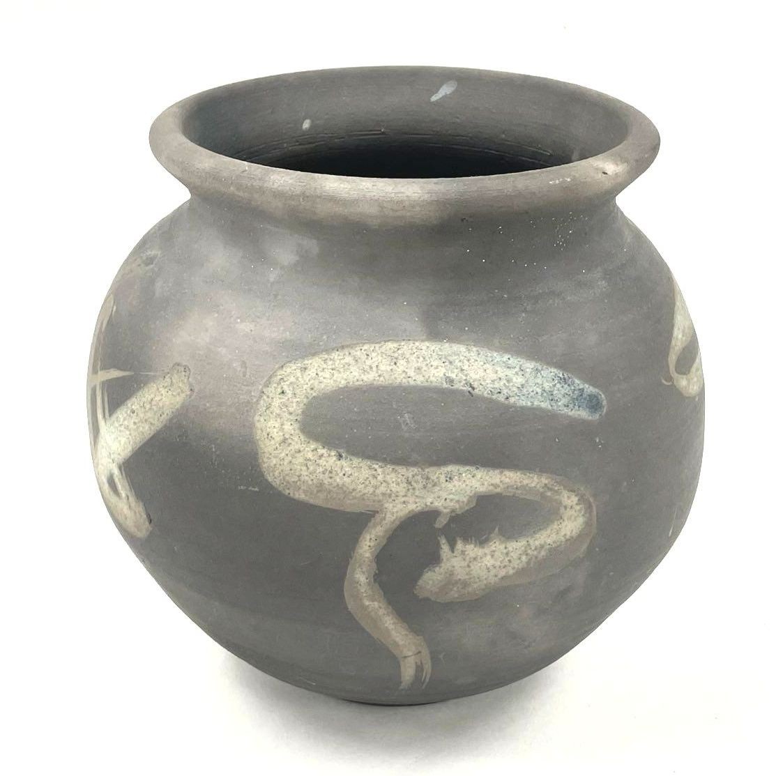 Signed RH Raku Style Dark Abstract Pottery Vase w/Swirl Brush-stroke Designs