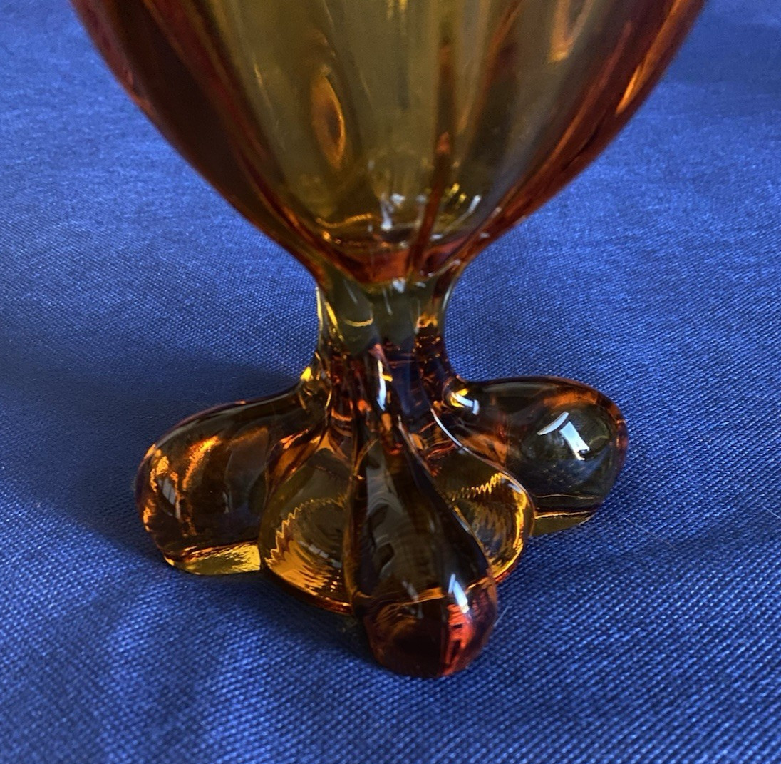 Vintage MCM Viking Amber Swung Glass Vase 10.5″ in Epic 4 Petal Footed