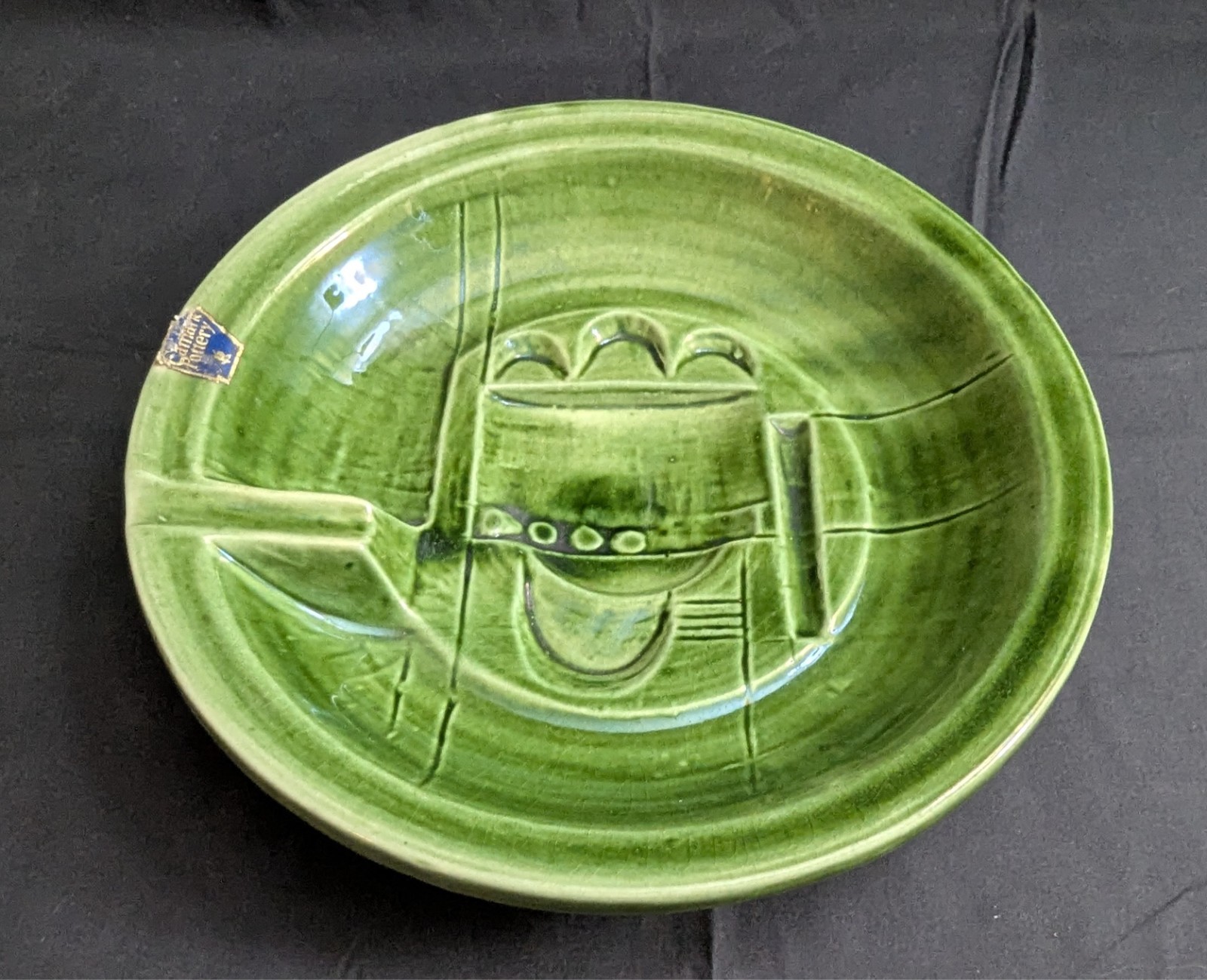 Vtg Camark Art Pottery Decor Ashtray Trinket Dish Green W/ Early Stickers (S1)