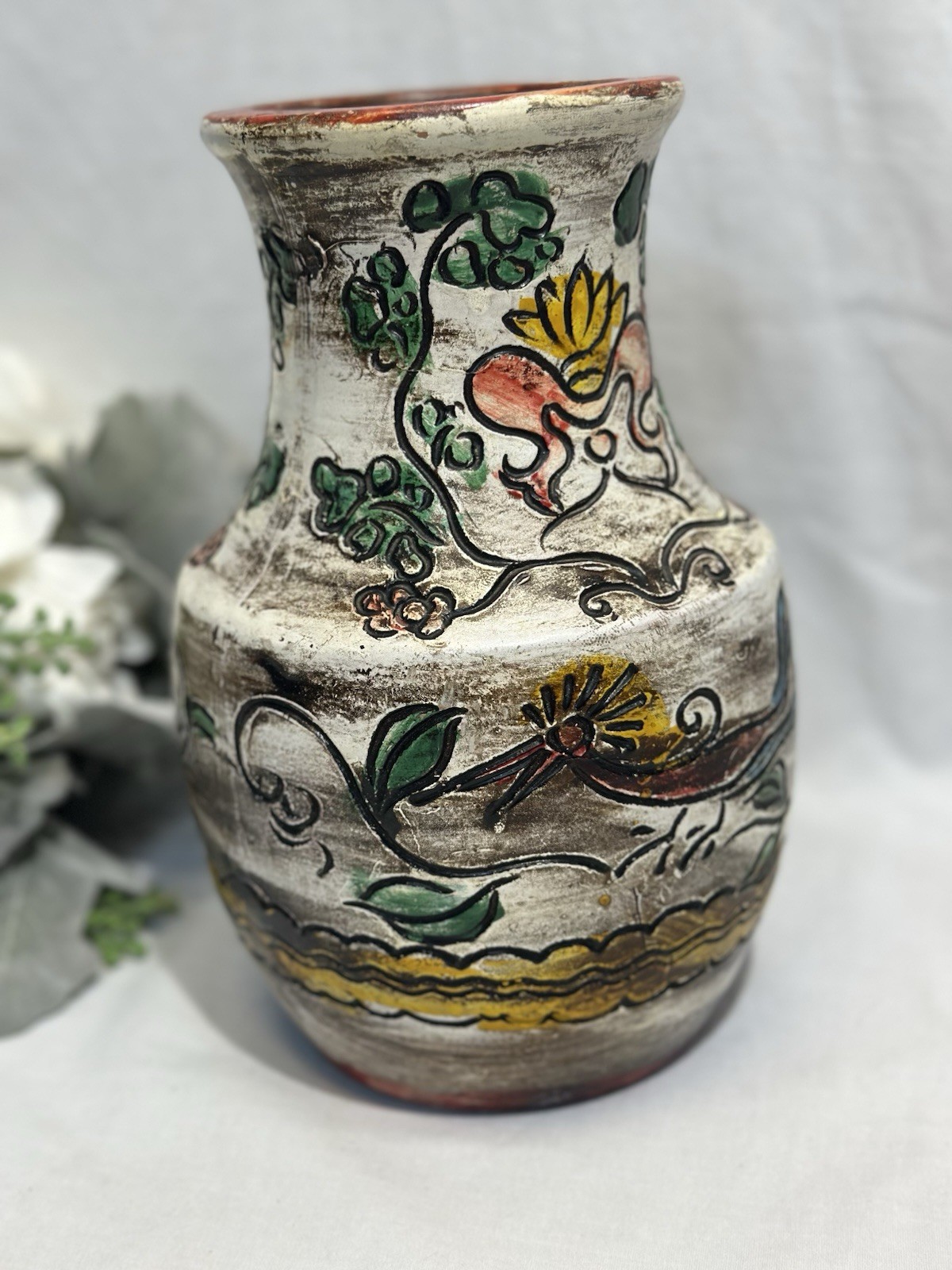 Vintage Bird and Floral Earthenware Vase. Pottery Engraved Design Made In Japan