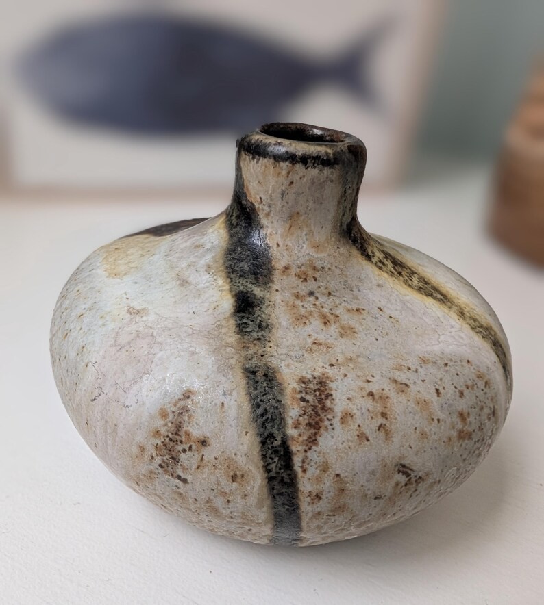 Vintage 1967 Studio Pottery Bud Vase – Signed Ceramic Stoneware, MCM Wabi Sabi R