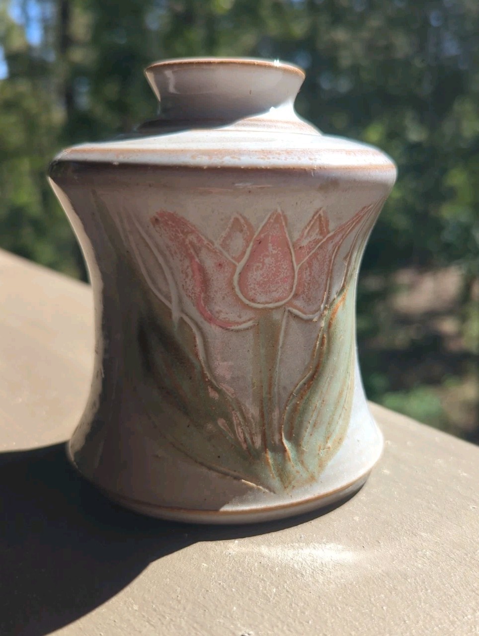 Priscilla Eggen?? Pink Tulip Flower Art Pottery Vase 5” Signed Cottagecore