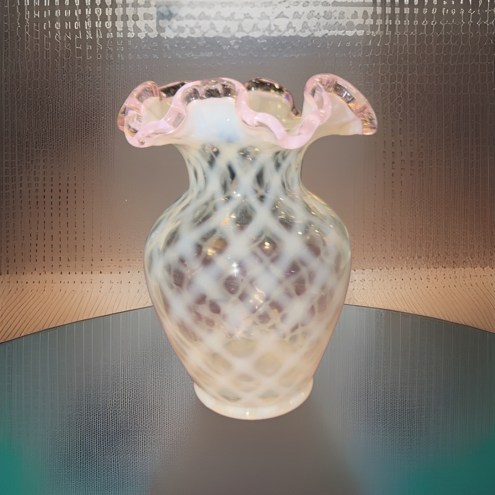 Vintage Fenton White Opalescent Diamond Optic Trellis Floral Pink Ruffle Vase