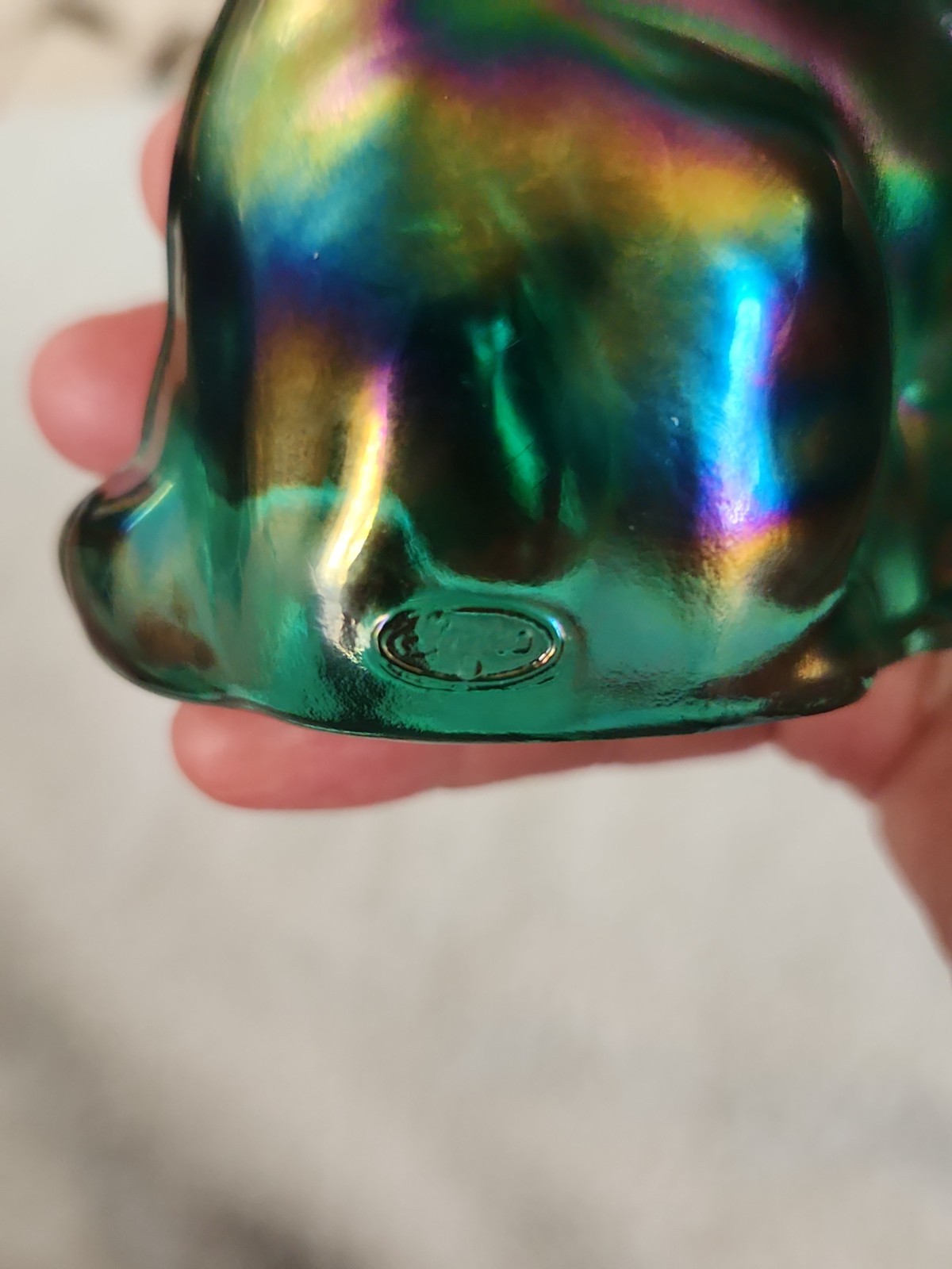 Purple Carnival Glass Fenton Cat Figurine Hand Painted With Sticker Stamped Logo