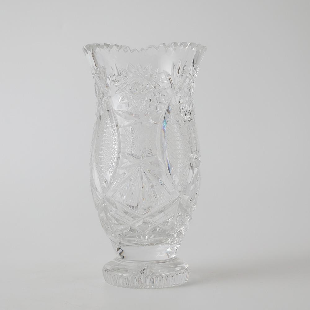 Japanese Ornate Crystal Cut Glass Vase Pinwheel & Fan Motif Heavy Glass H8.07in