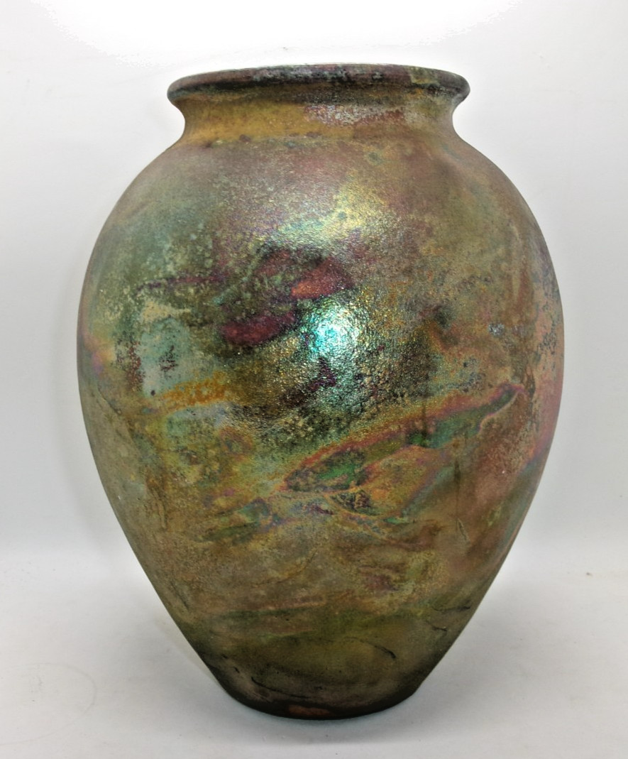 John Melkonian Signed Raku Tall Iridescent Copper Luster Matte Pottery Vase